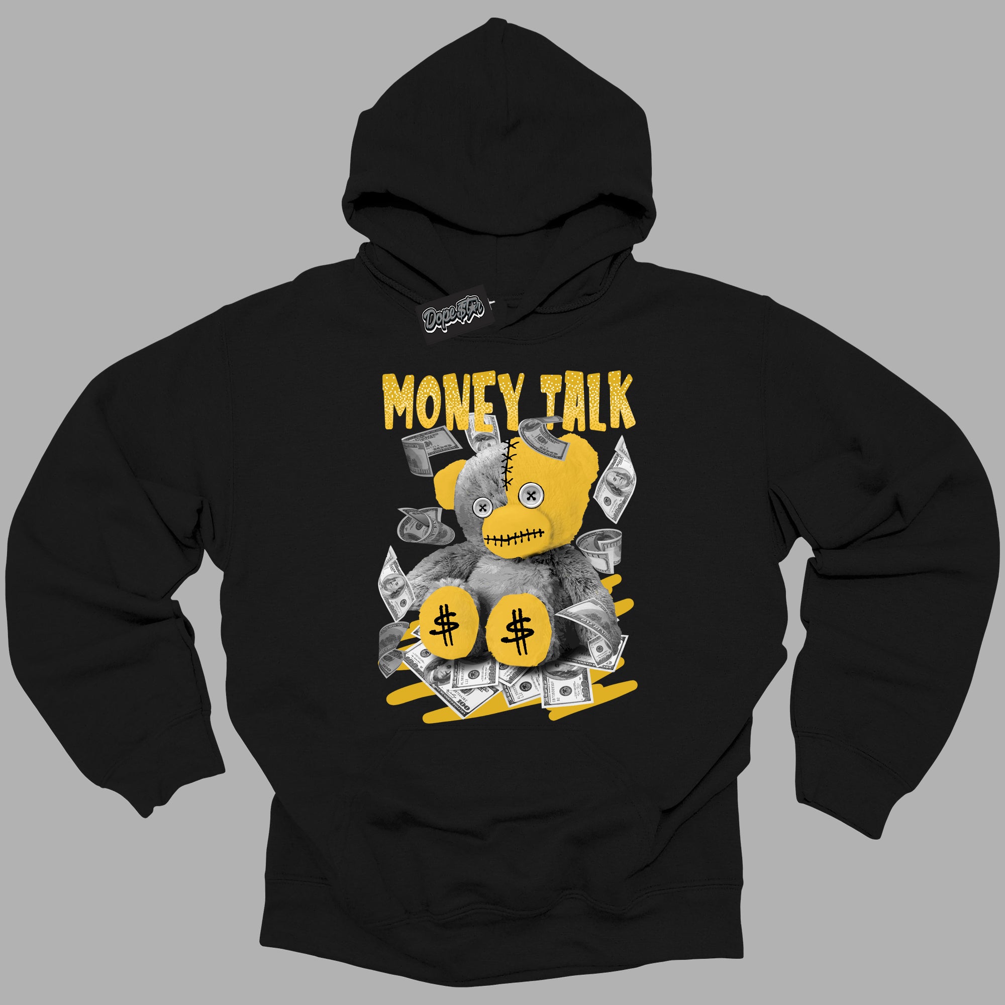 Cool Black Hoodie with “Money Talk Bear ”  design that Perfectly Matches Yellow Ochre 6s Sneakers.