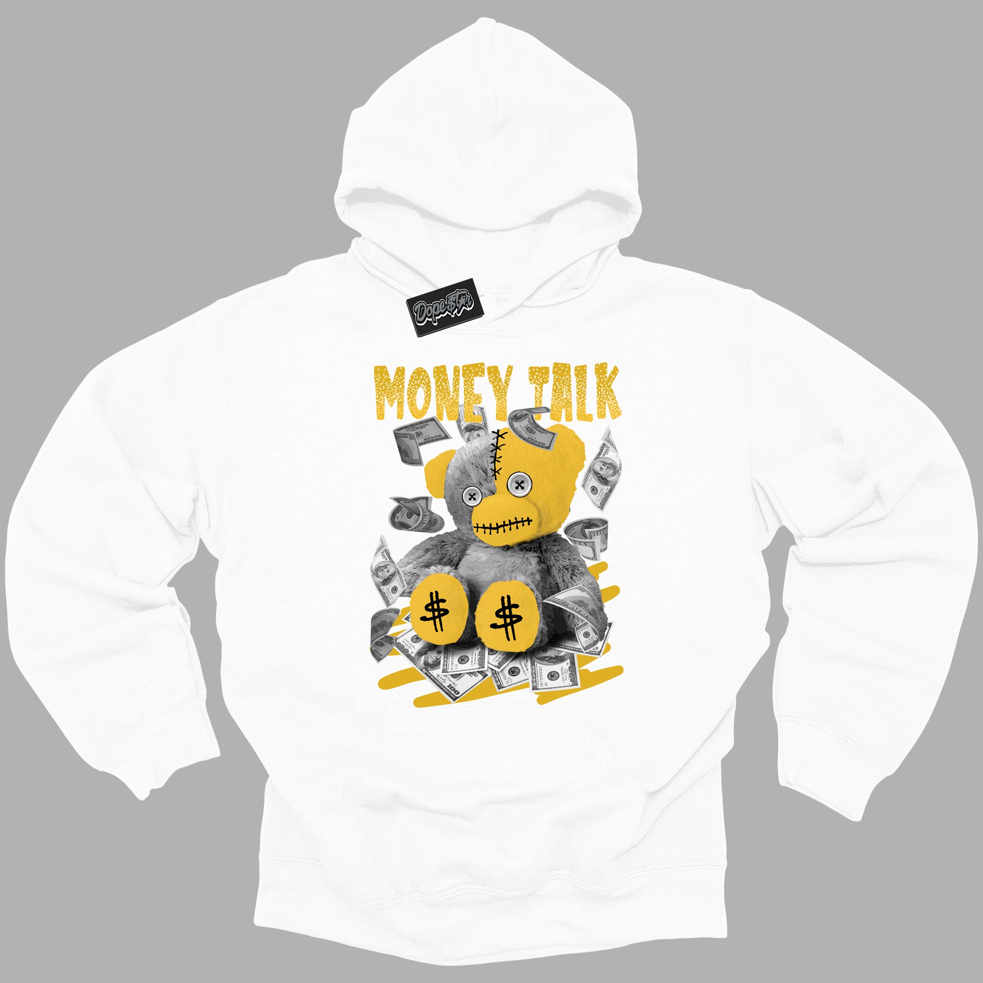 Cool White Hoodie with “Money Talk Bear ”  design that Perfectly Matches Yellow Ochre 6s Sneakers.