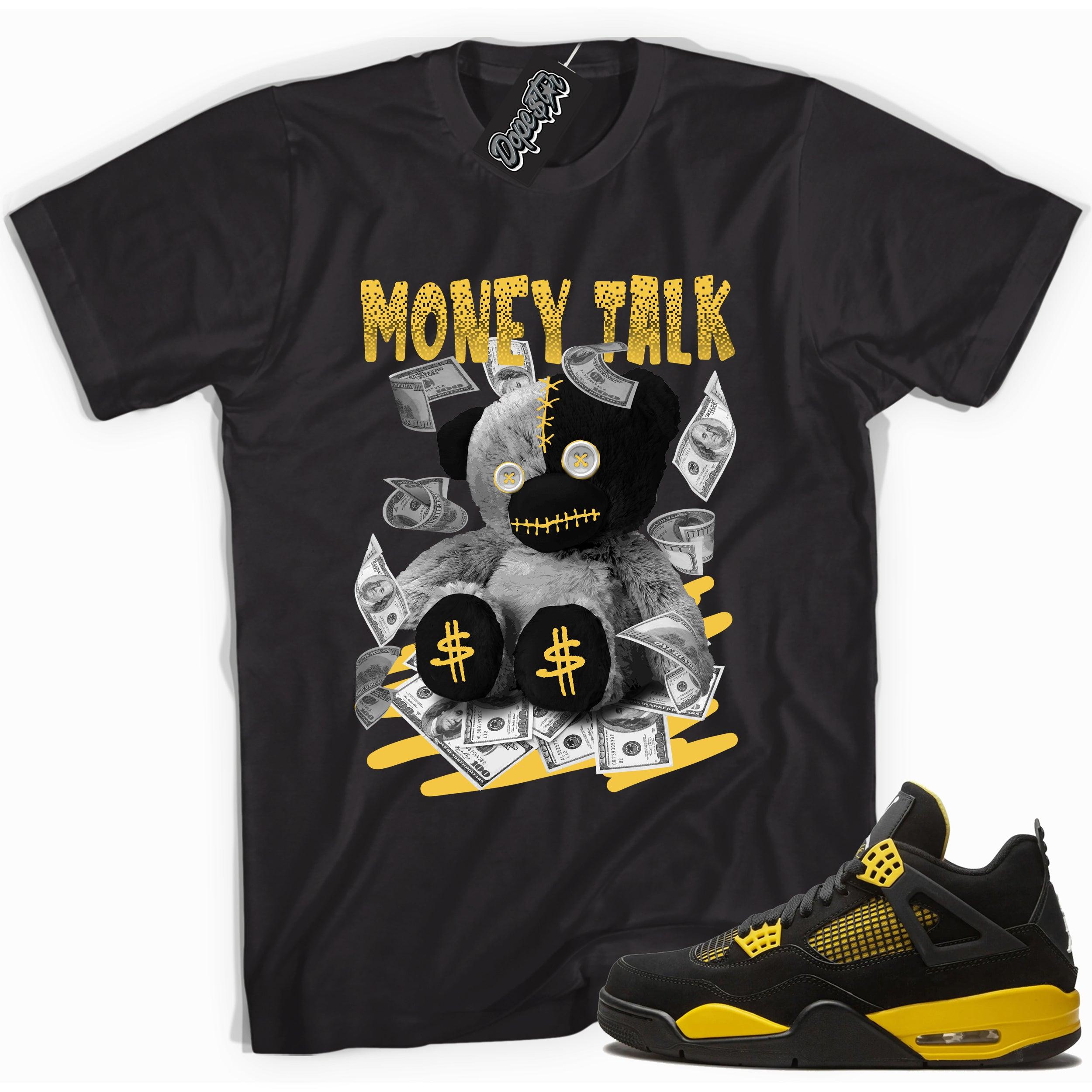 Cool black graphic tee with 'money talk bear' print, that perfectly matches  Air Jordan 4 Thunder sneakers