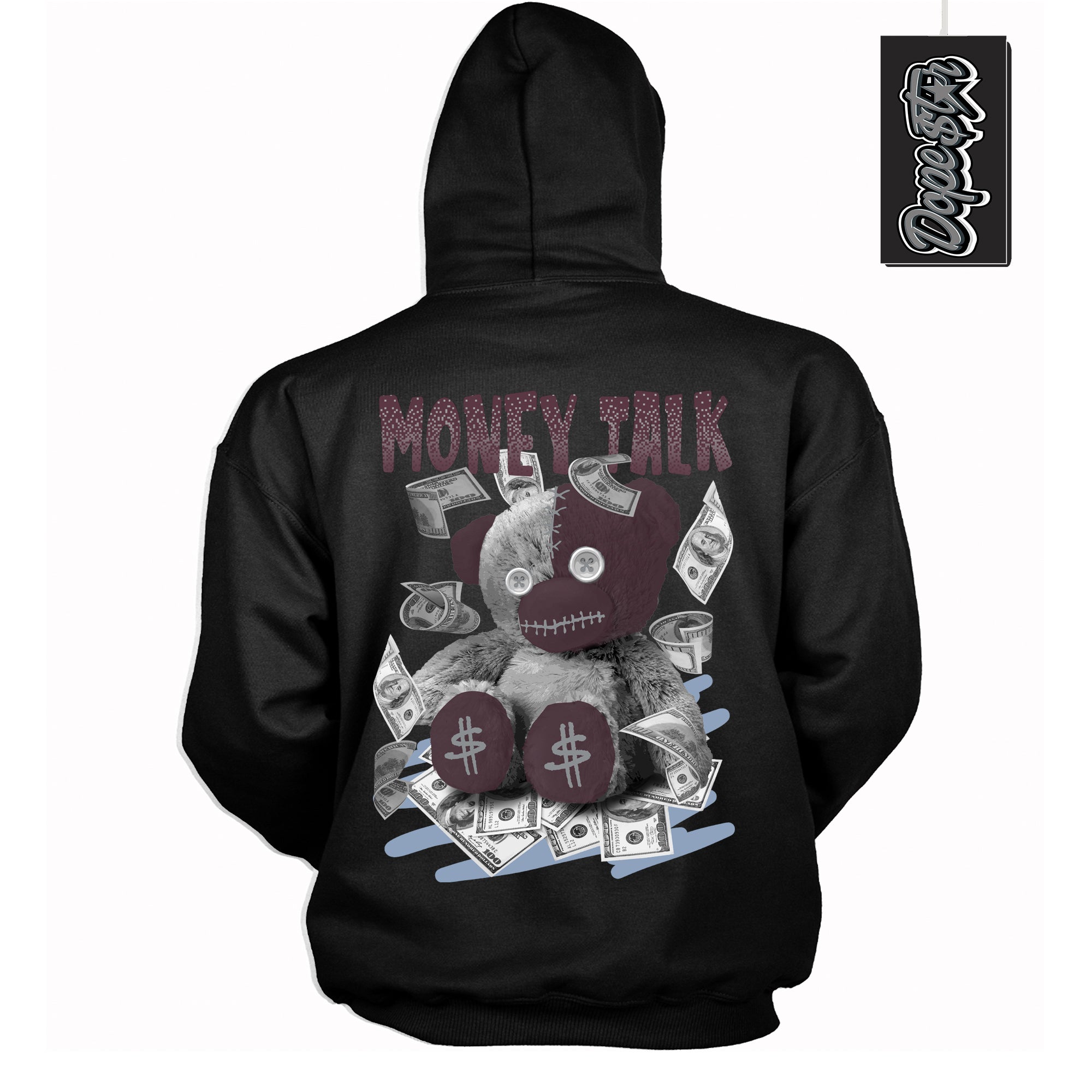 Cool Black Hoodie with “ Money Talk Bear ”  design that Perfectly Matches Burgundy 5s Sneakers.