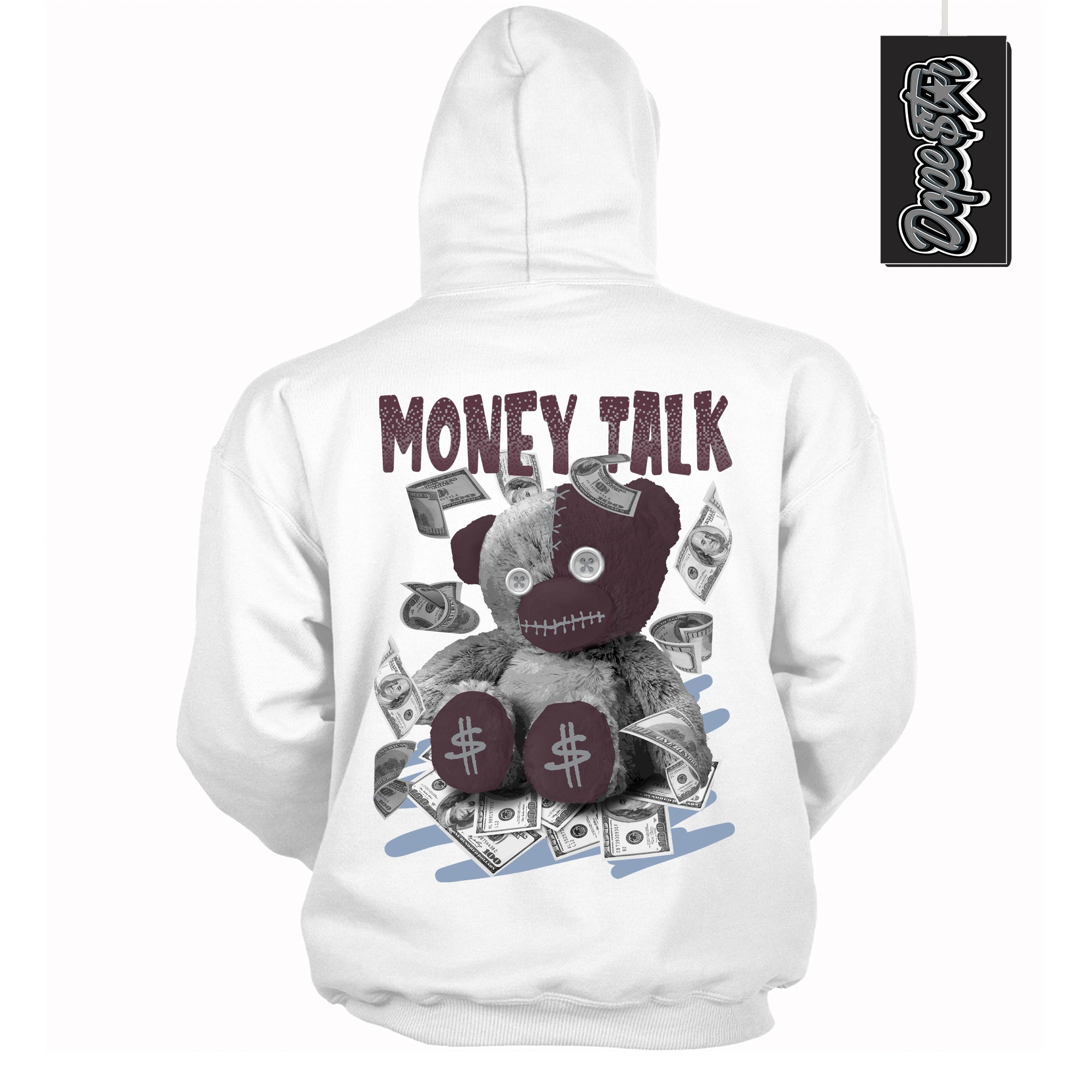 Cool White Hoodie with “ Money Talk Bear ”  design that Perfectly Matches Burgundy 5s Sneakers.