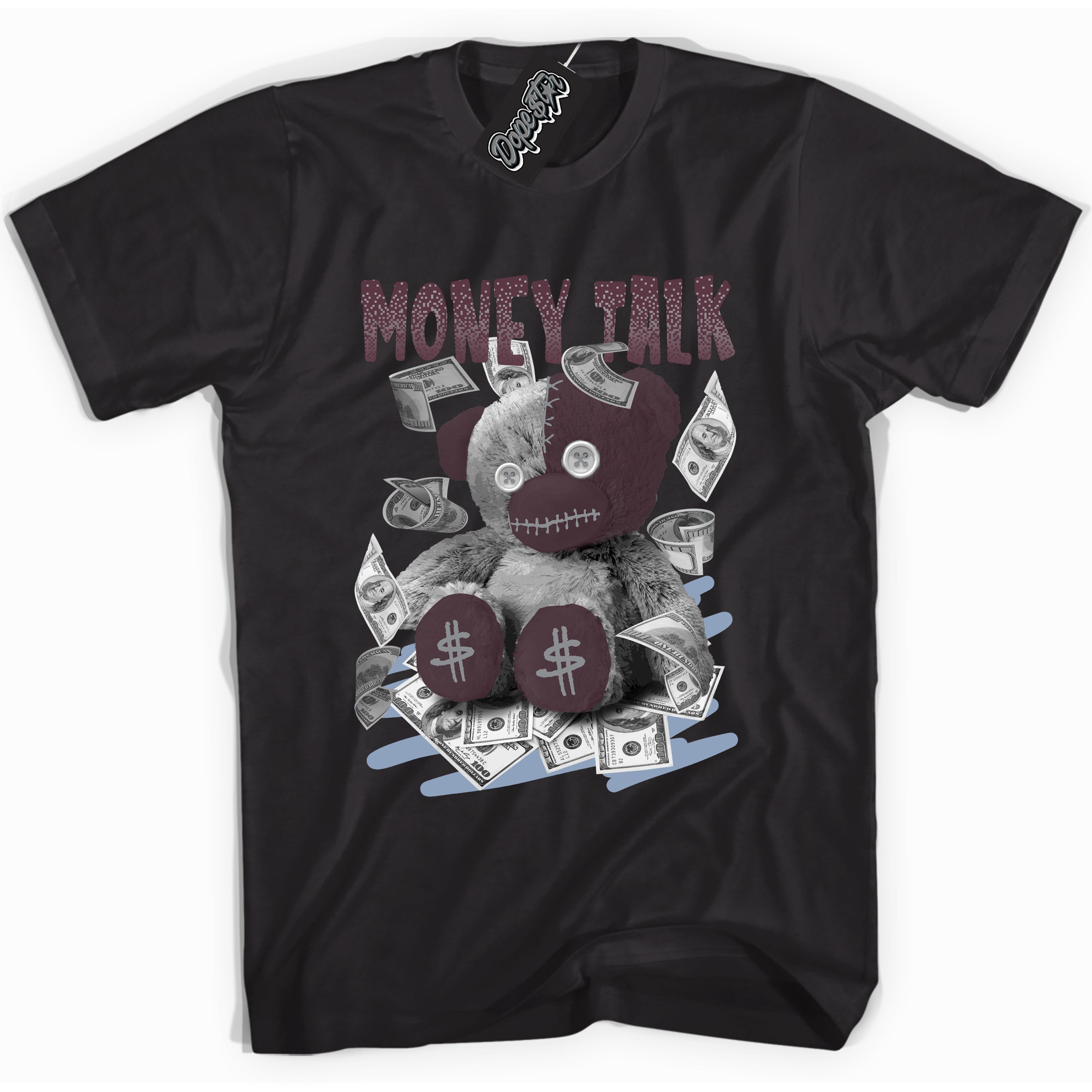 Cool Black Shirt with “ Money Talk Bear” design that perfectly matches Burgundy 5s Sneakers.