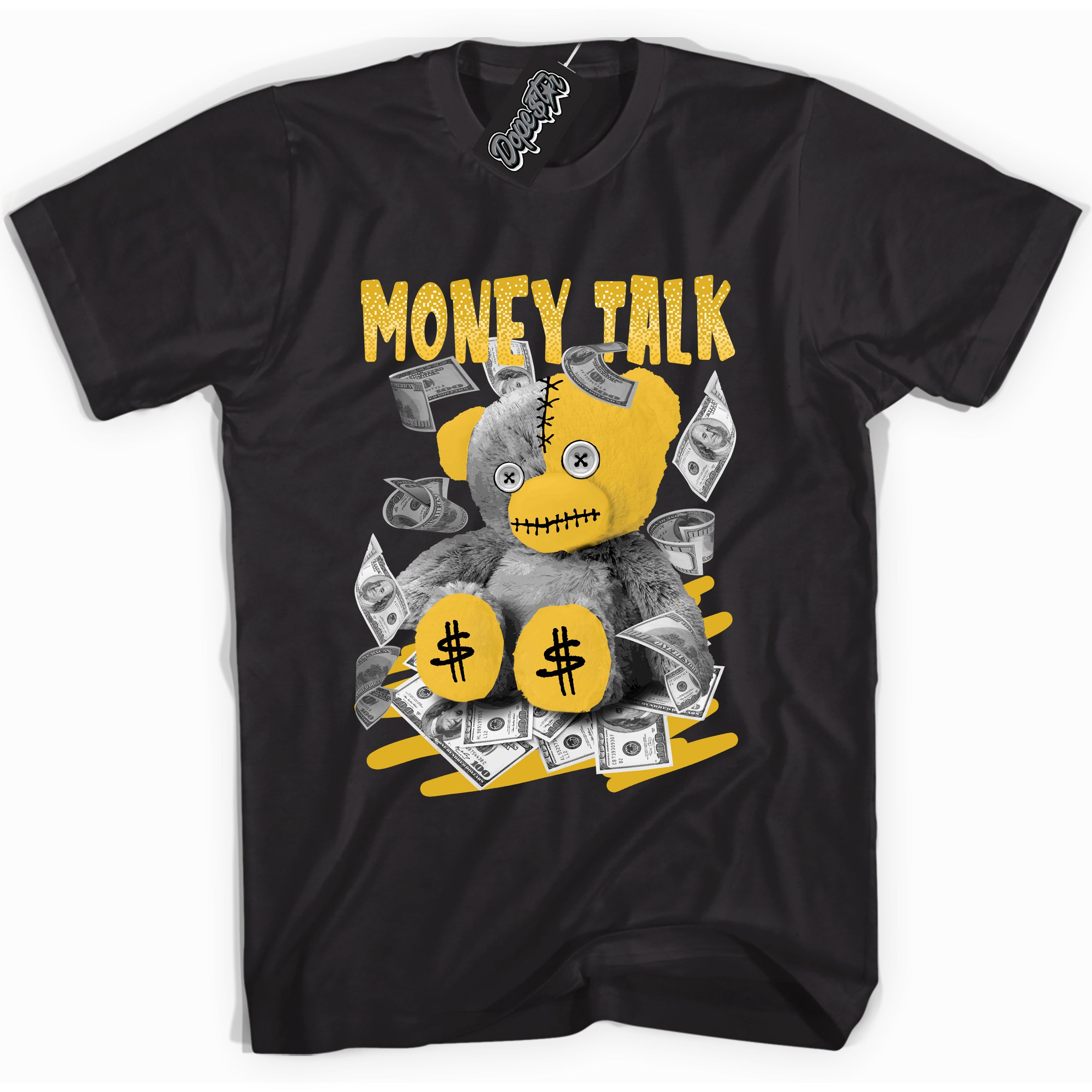 Cool black Shirt with “ Money Talk Bear” design that perfectly matches Yellow Ochre 6s Sneakers.