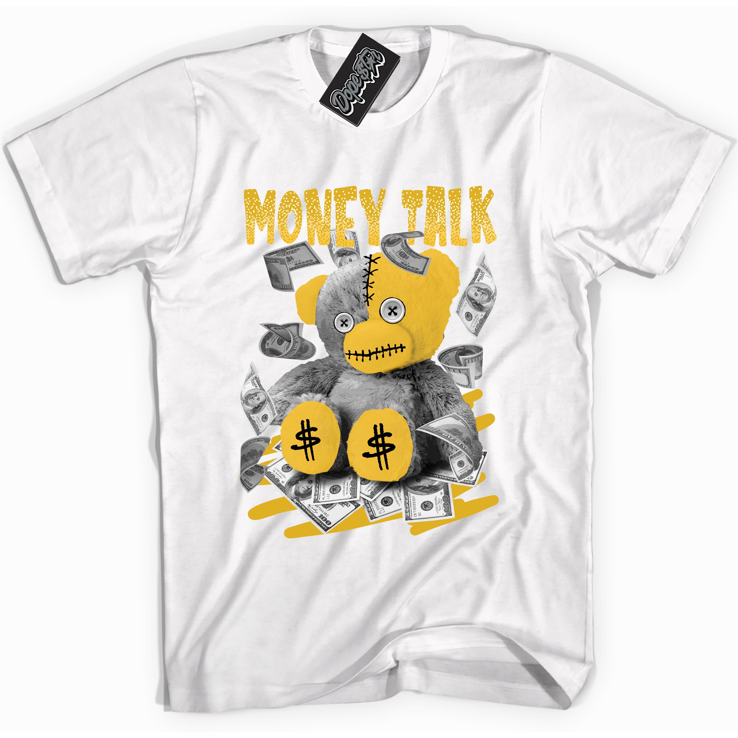 Cool white Shirt with “ Money Talk Bear ” design that perfectly matches Yellow Ochre 6s Sneakers.