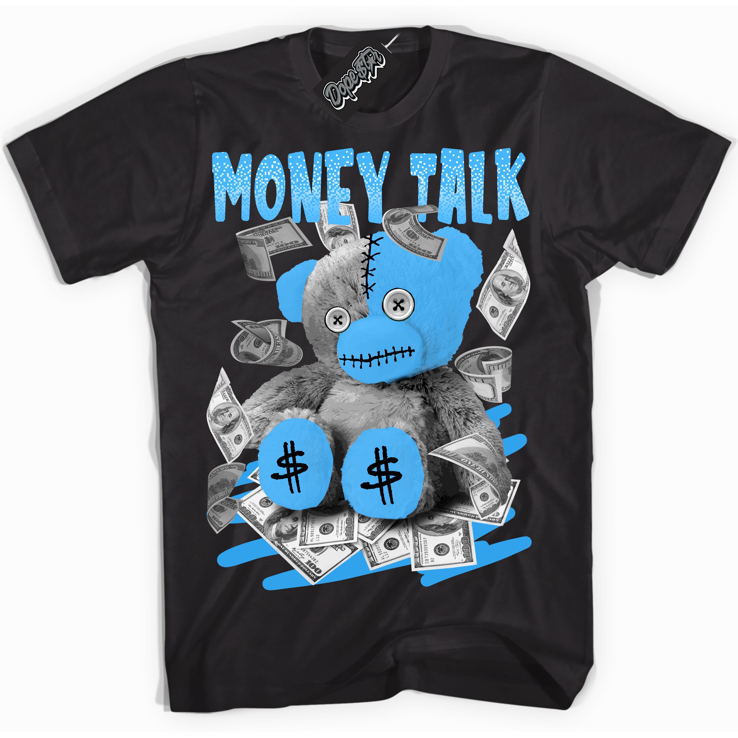 Cool Black graphic tee with “ Money Talk Bear ” design, that perfectly matches Powder Blue 9s sneakers 