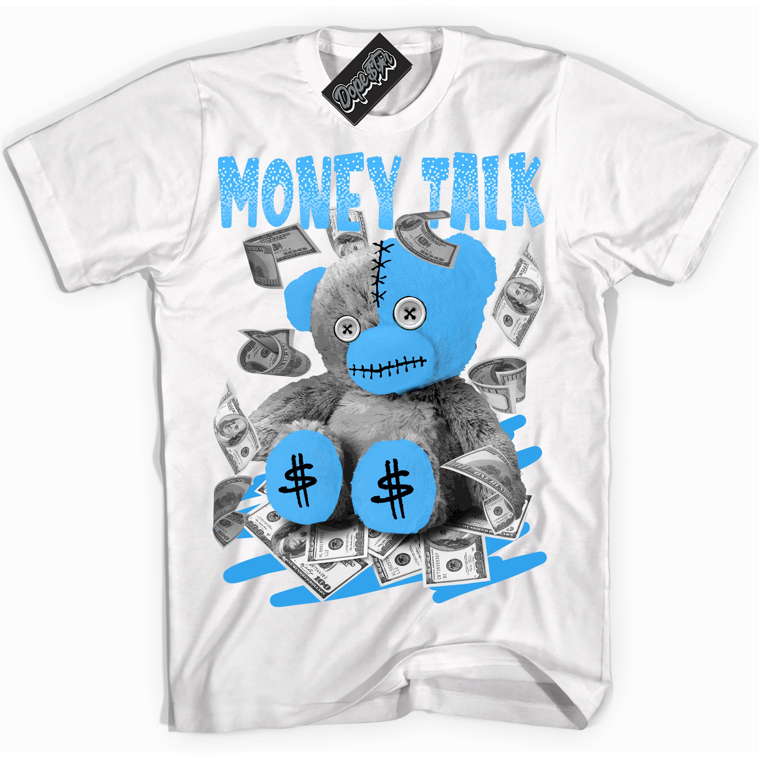 Cool White graphic tee with “ Money Talk Bear ” design, that perfectly matches Powder Blue 9s sneakers 