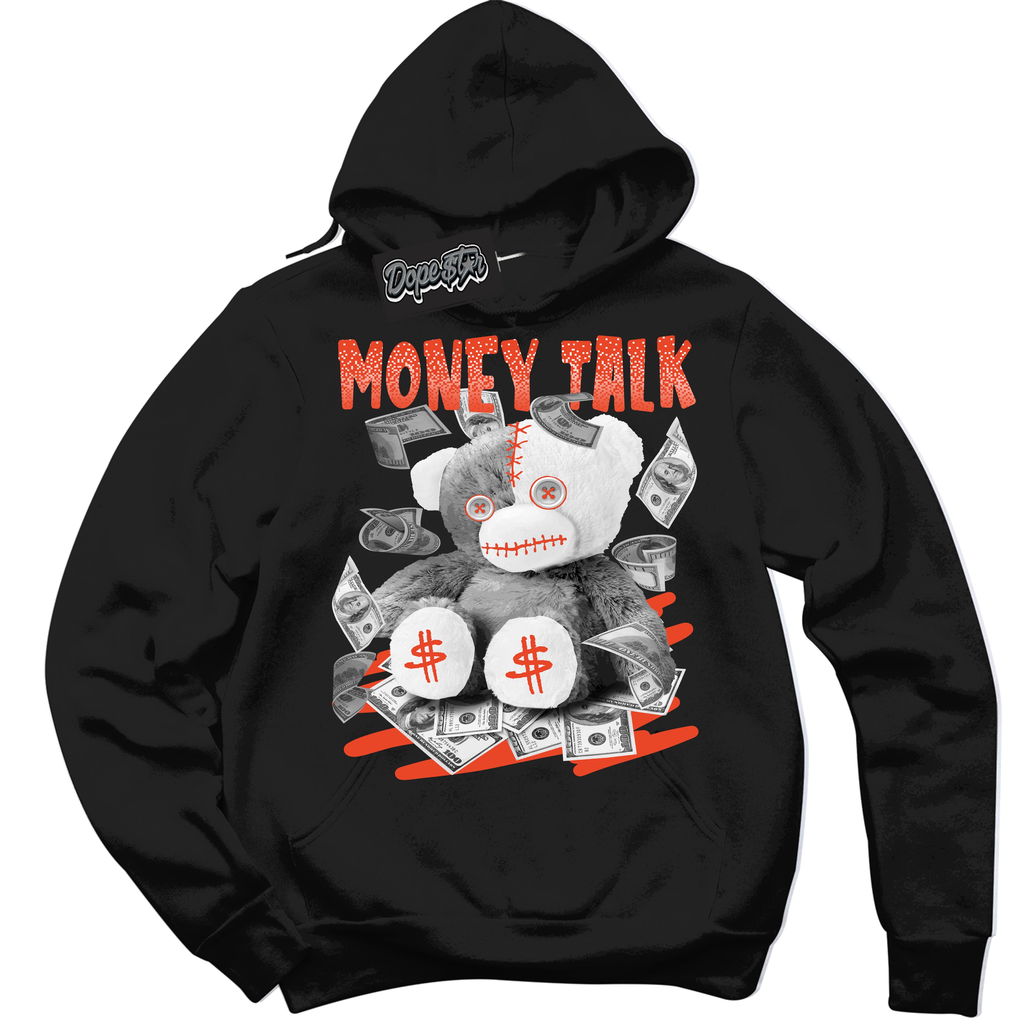 Nike Dunk Low Retro Cosmic Clay 'Money Talk Bear' Hoodie - Black Streetwear Mockup | Sneakerhead Sweatshirt Matching Nike Dunk Low Retro Cosmic Clay | Limited Edition Urban Streetwear for Sneaker Matching OOTD | Outfits that pair perfectly with your ND Low Retro Cosmic Clay | Sneakerhead Fashion Must-Have Apparel for Men and Women.