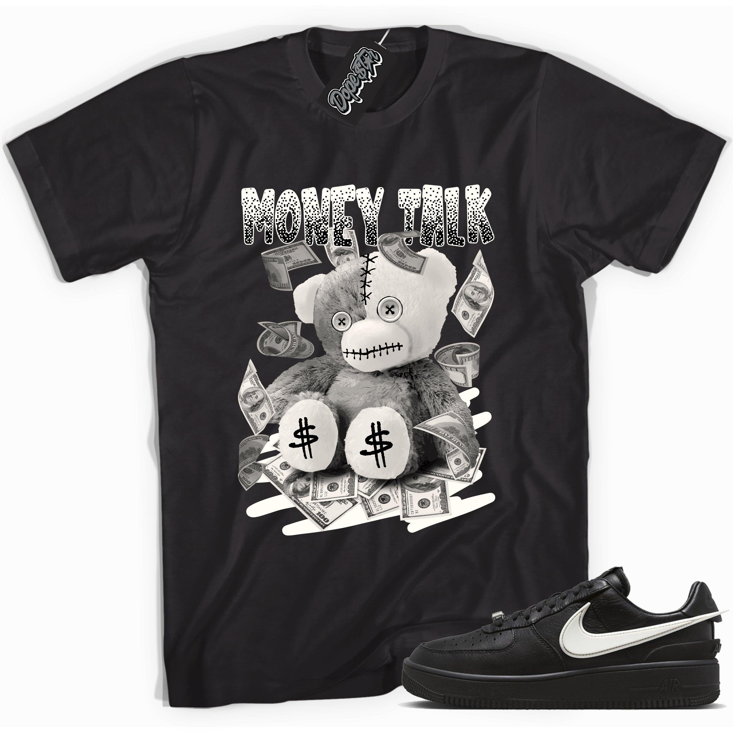 Cool black graphic tee with 'money talk bear' print, that perfectly matches Nike Air Force 1 Low Ambush Phantom Blacksneakers