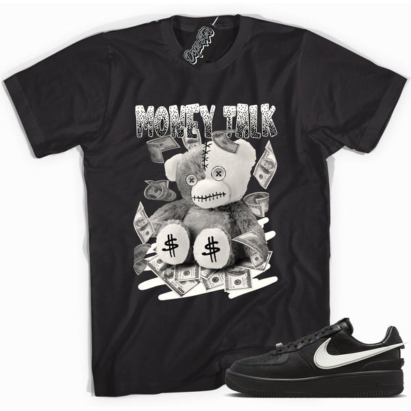 Cool black graphic tee with 'money talk bear' print, that perfectly matches Nike Air Force 1 Low SP Ambush Phantom sneakers.