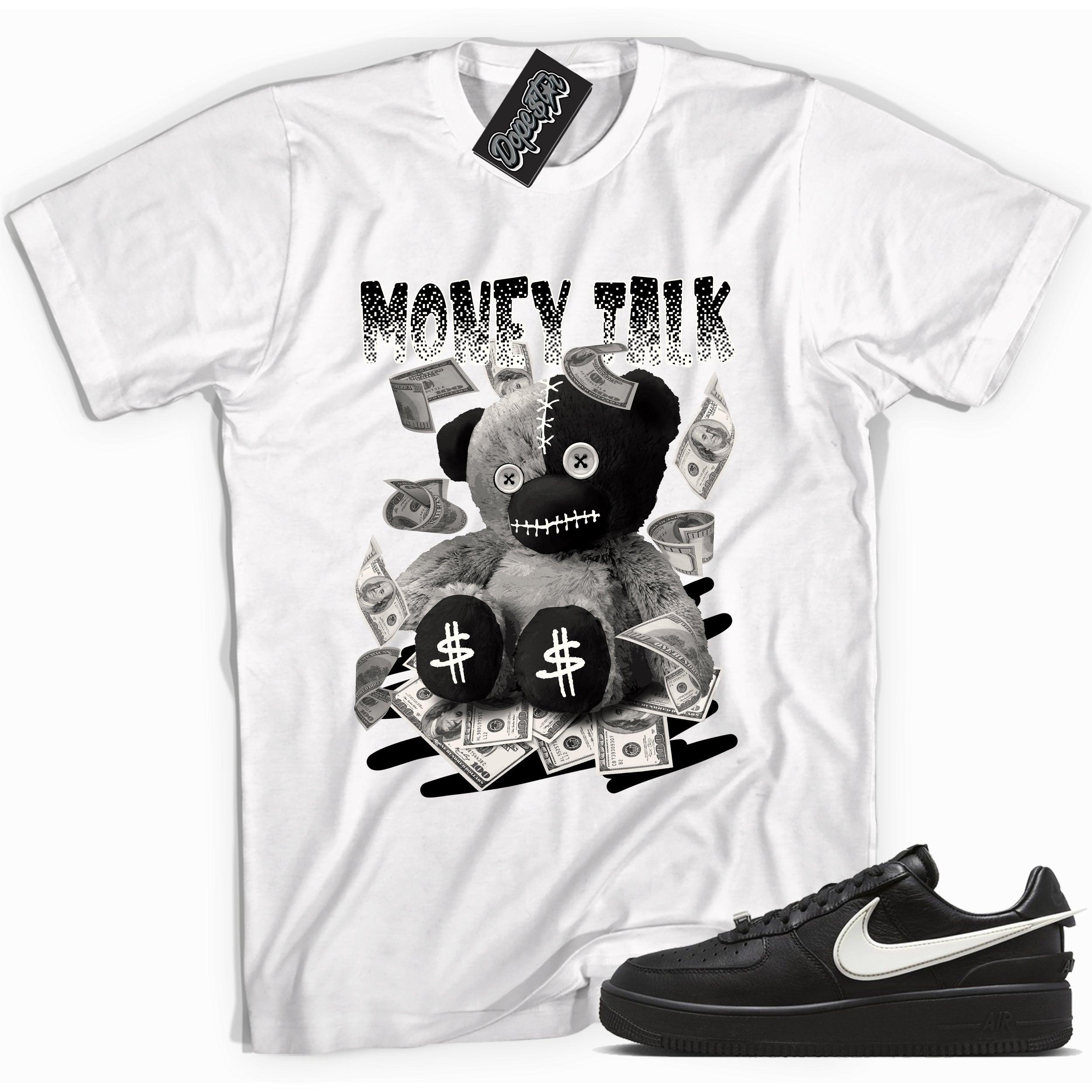 Cool white graphic tee with 'money talk bear' print, that perfectly matches Nike Air Force 1 Low Ambush Phantom Blacksneakers