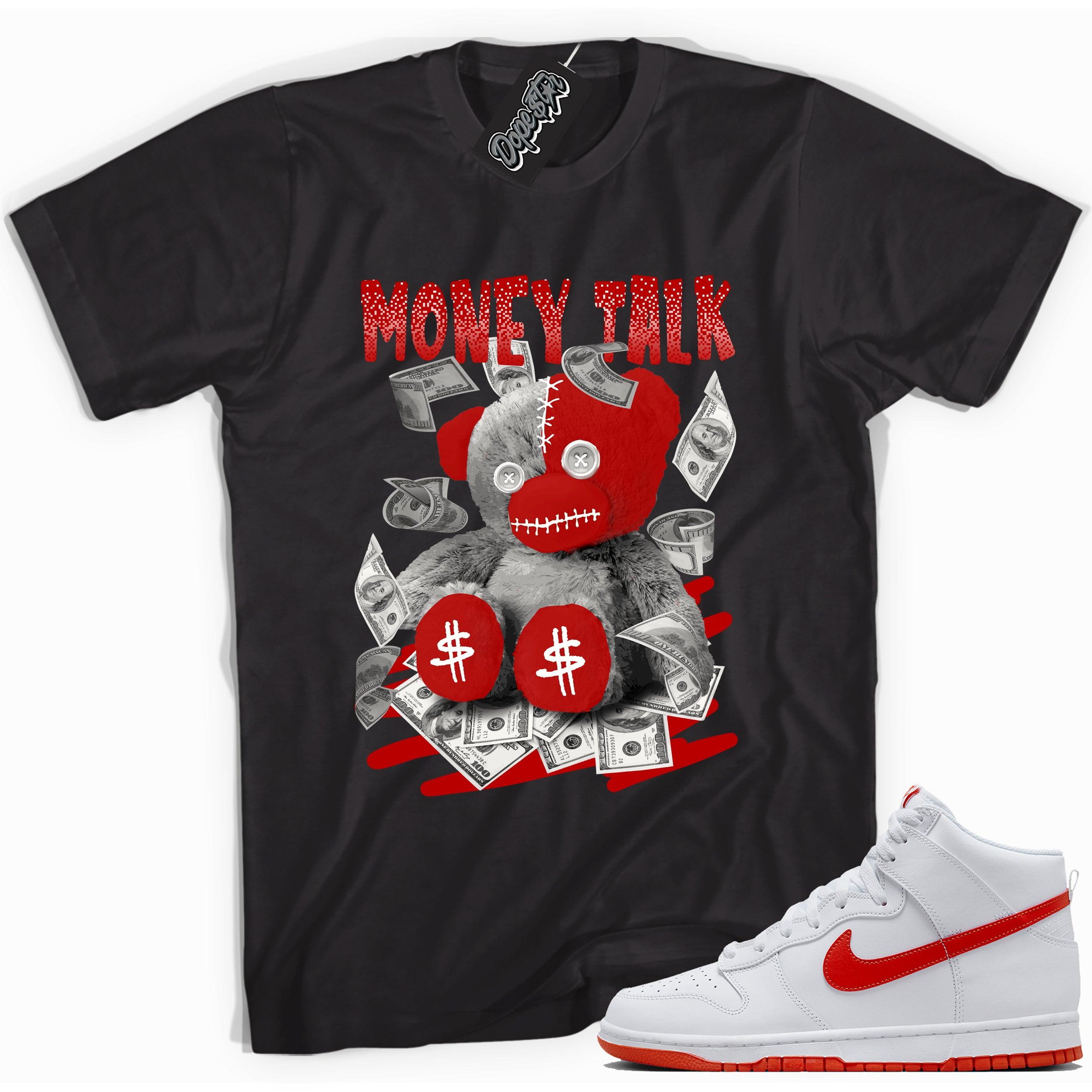 Cool black graphic tee with 'money talk bear' print, that perfectly matches Nike Dunk High White Picante Red sneakers.