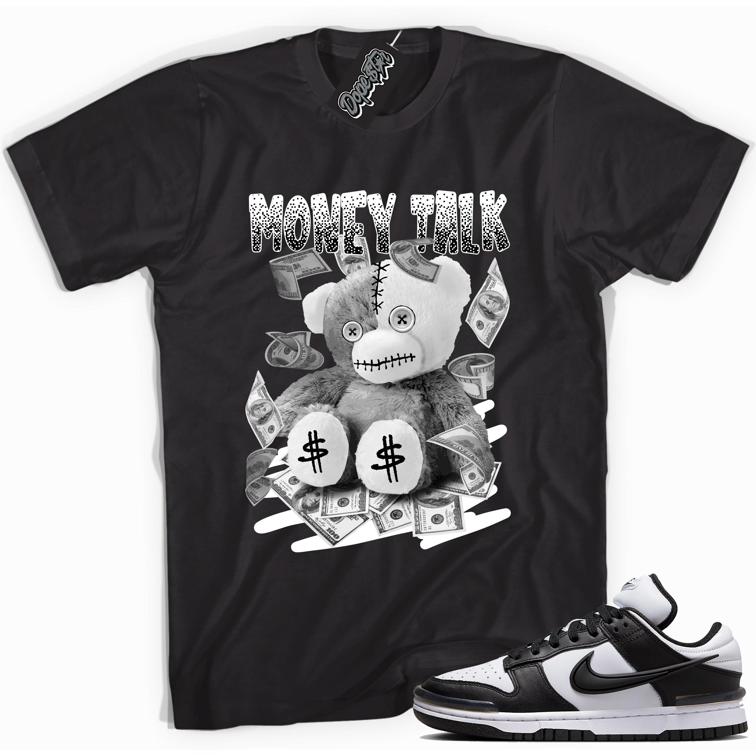 Cool black graphic tee with 'money talk bear' print, that perfectly matches Nike Dunk Low Twist Panda sneakers.