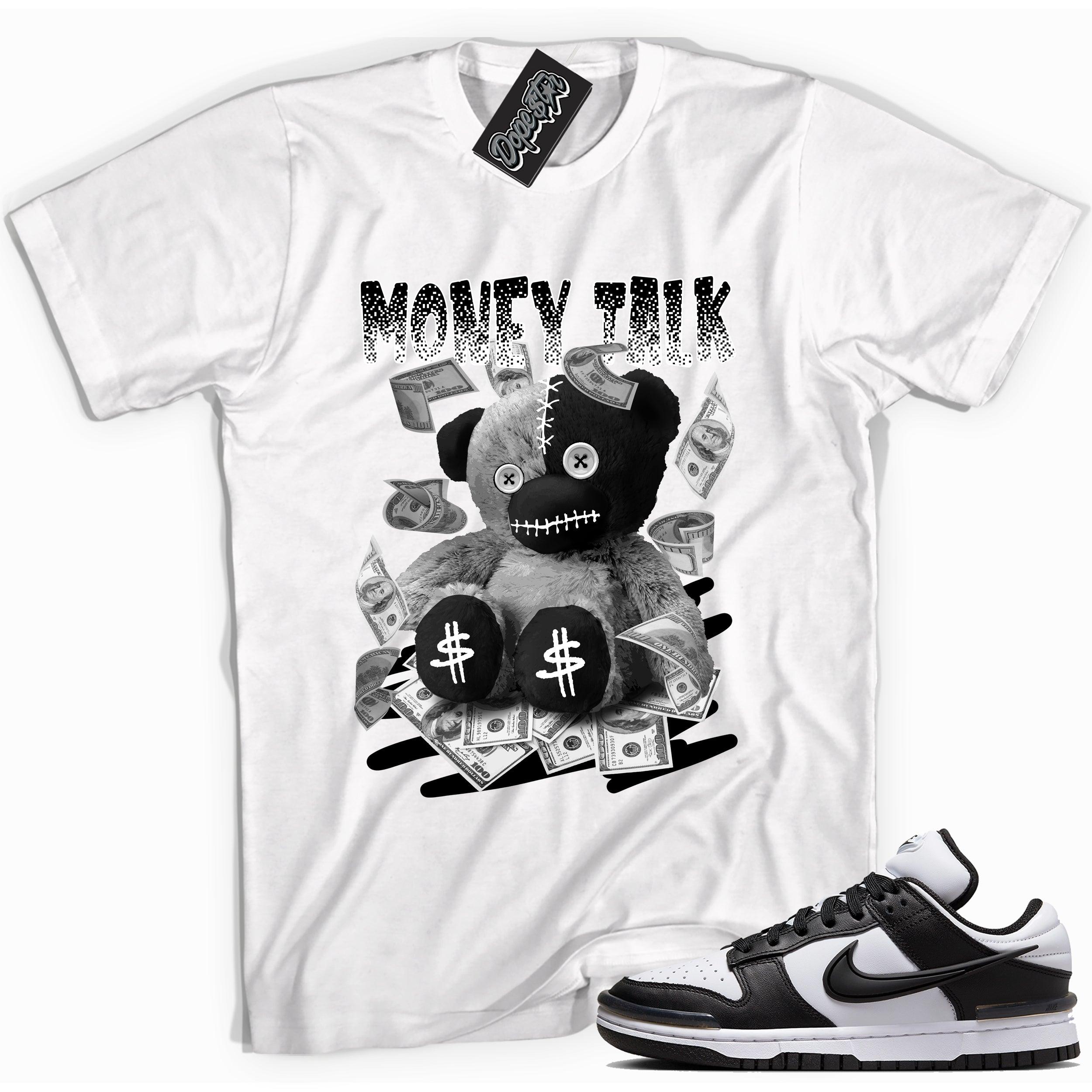 Cool white graphic tee with 'money talk bear' print, that perfectly matches Nike Dunk Low Twist Panda sneakers.