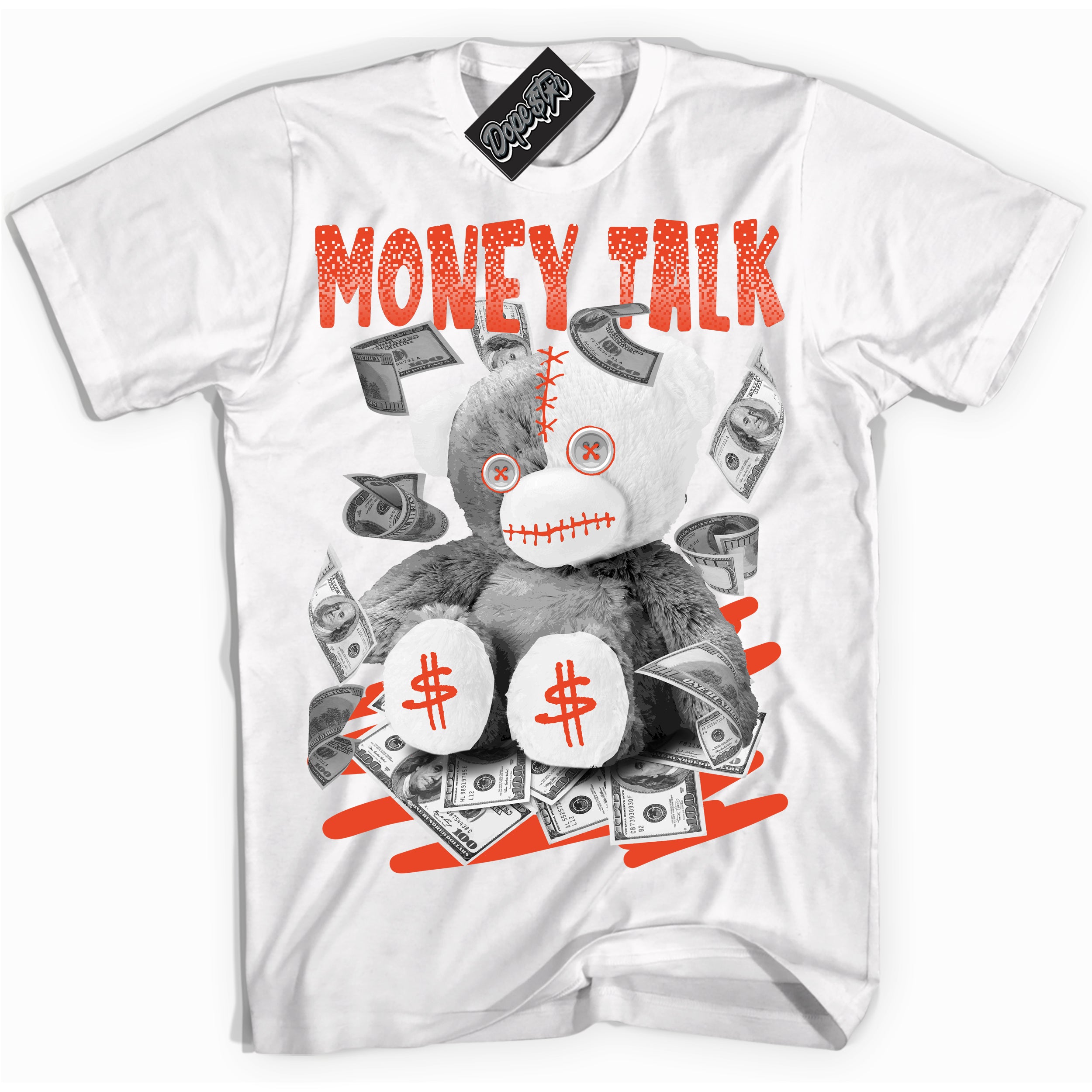 Nike Dunk Low Retro Cosmic Clay 'Money Talk Bear' Shirt - White Streetwear Mockup | Sneakerhead T-Shirt Matching Nike Dunk Low Retro Cosmic Clay | Limited Edition Urban Streetwear for Sneaker Matching OOTD | Outfits that pair perfectly with your ND Low Retro Cosmic Clay | Sneakerhead Fashion Must-Have Apparel for Men and Women