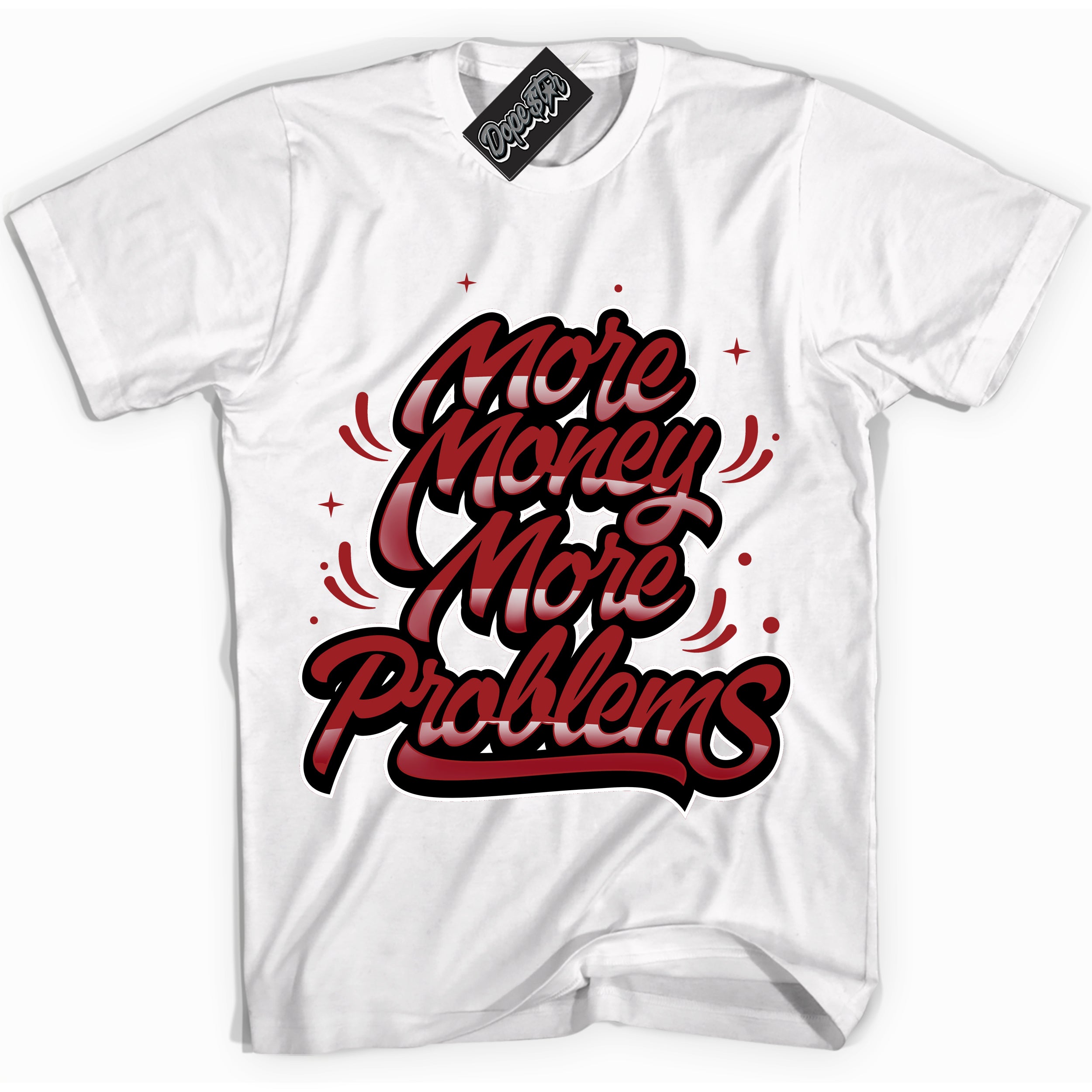 Cool White graphic tee with “ More Money More Problems ” print, that perfectly matches Lost And Found 1s sneakers 