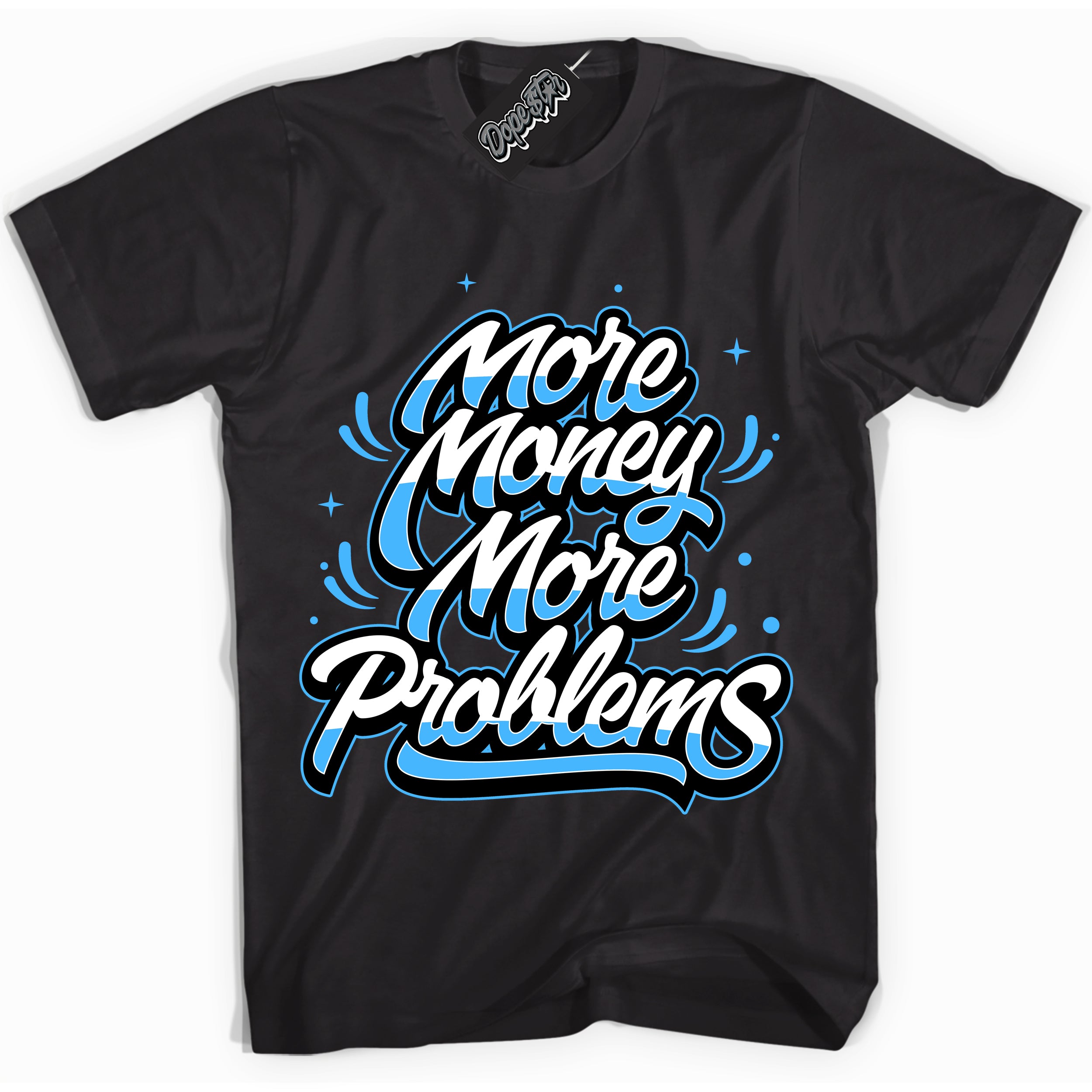 Cool Black graphic tee with “ More Money More Problems ” design, that perfectly matches Powder Blue 9s sneakers 