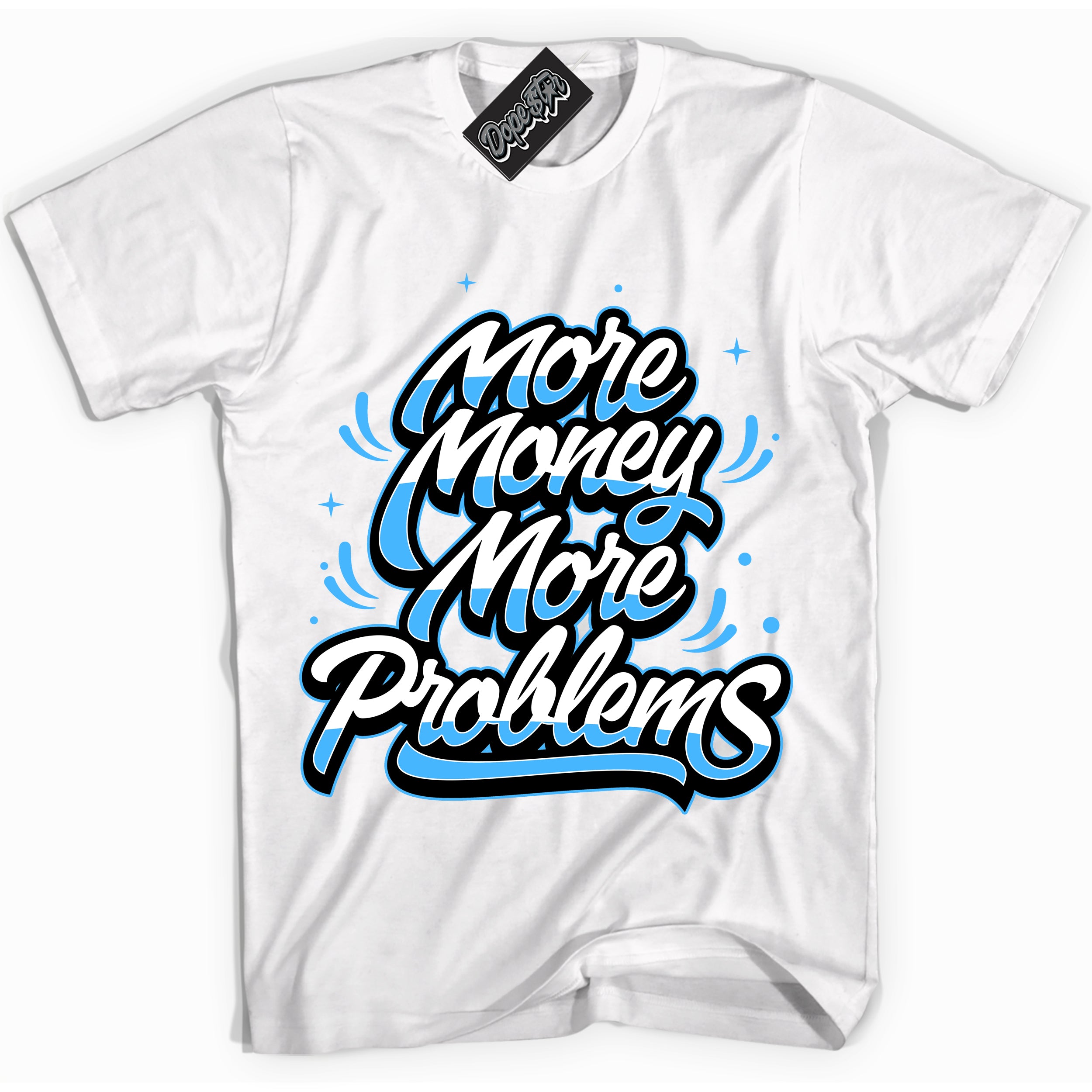 Cool White graphic tee with “ More Money More Problems ” design, that perfectly matches Powder Blue 9s sneakers 