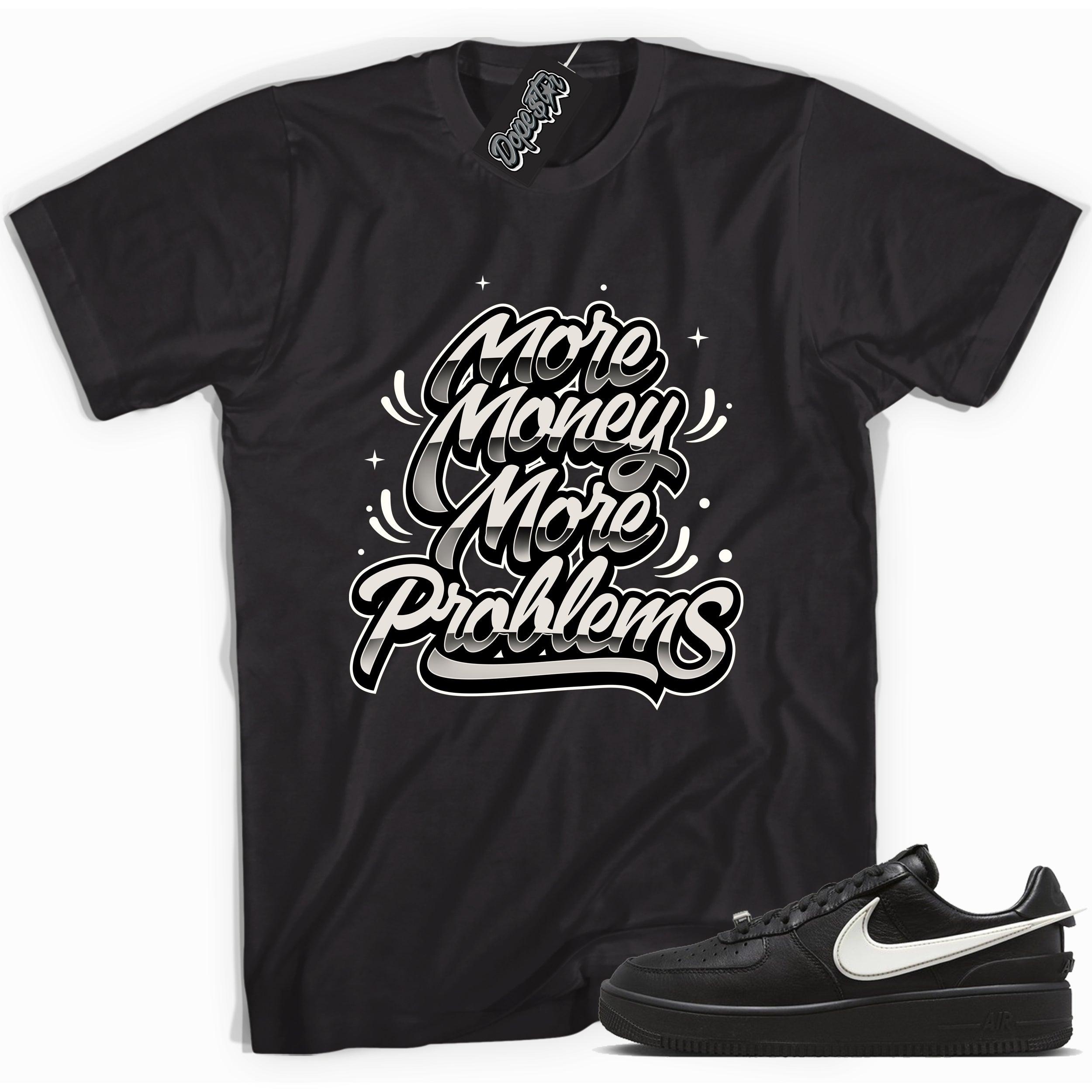 Cool black graphic tee with 'more money more problems' print, that perfectly matches Nike Air Force 1 Low SP Ambush Phantom sneakers.