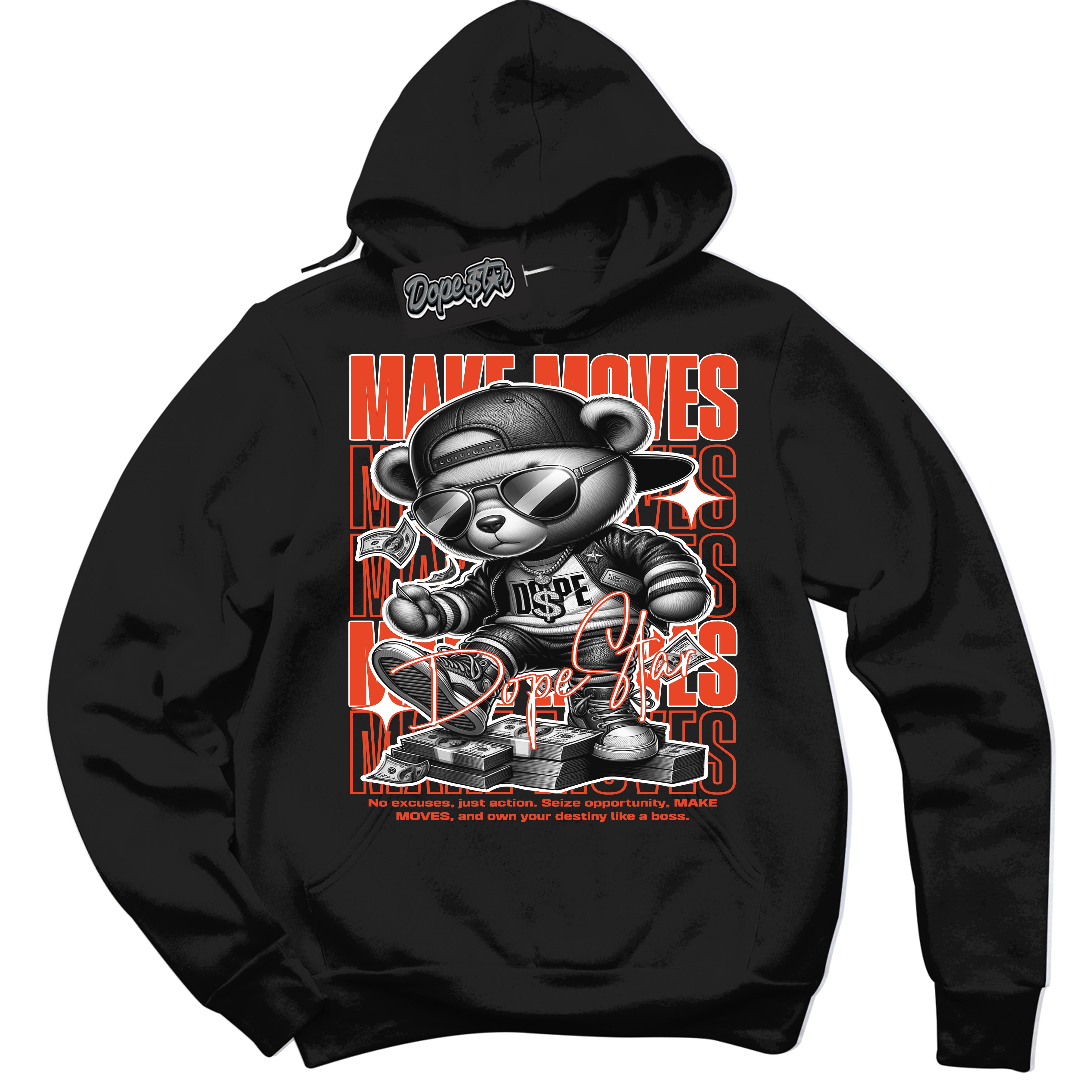 Nike Dunk Low Retro Cosmic Clay 'Make Moves' Hoodie - Black Streetwear Mockup | Sneakerhead Sweatshirt Matching Nike Dunk Low Retro Cosmic Clay | Limited Edition Urban Streetwear for Sneaker Matching OOTD | Outfits that pair perfectly with your ND Low Retro Cosmic Clay | Sneakerhead Fashion Must-Have Apparel for Men and Women.