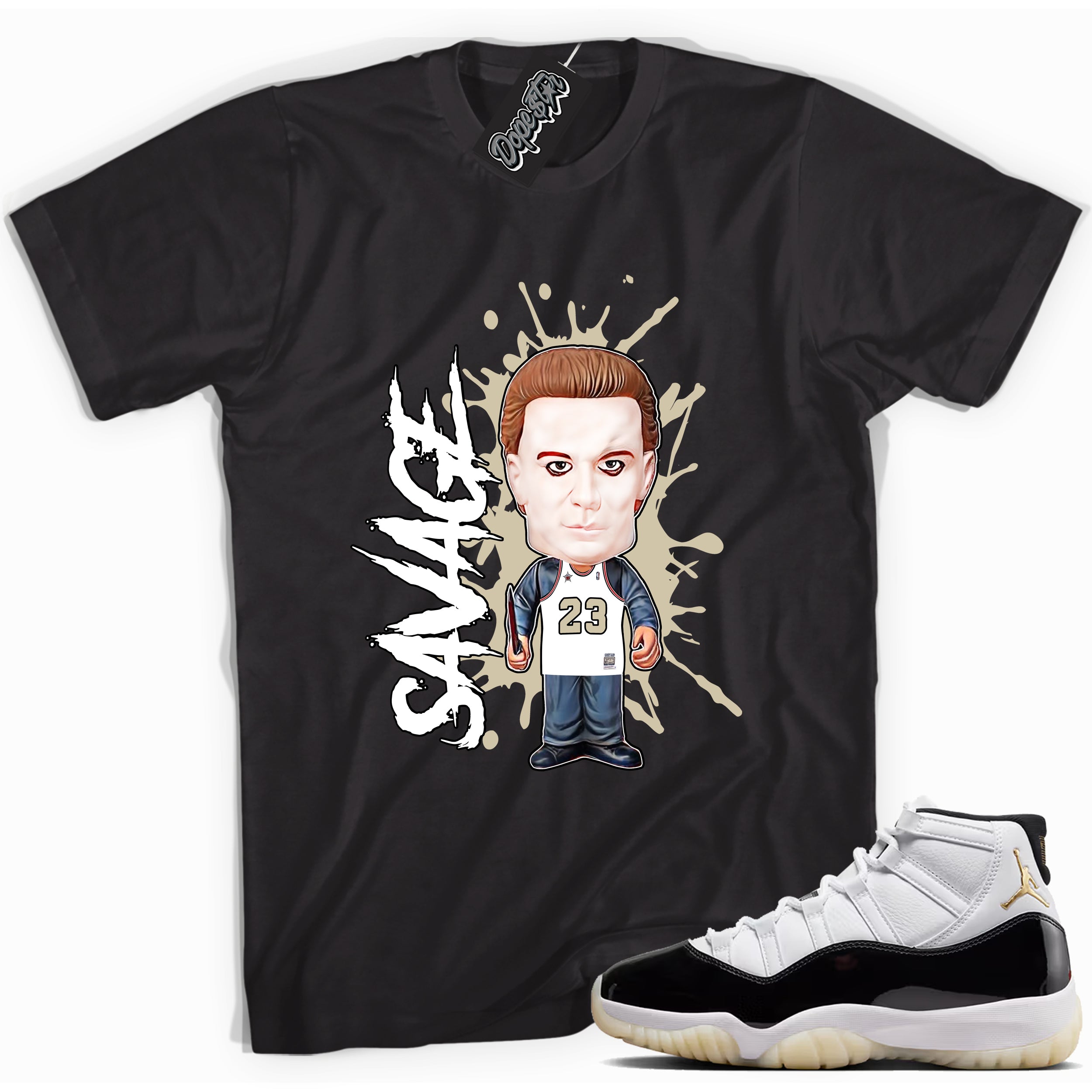 Cool Black graphic tee with “ Savage ” print, that perfectly matches AIR JORDAN 11 GRATITUDE  sneakers