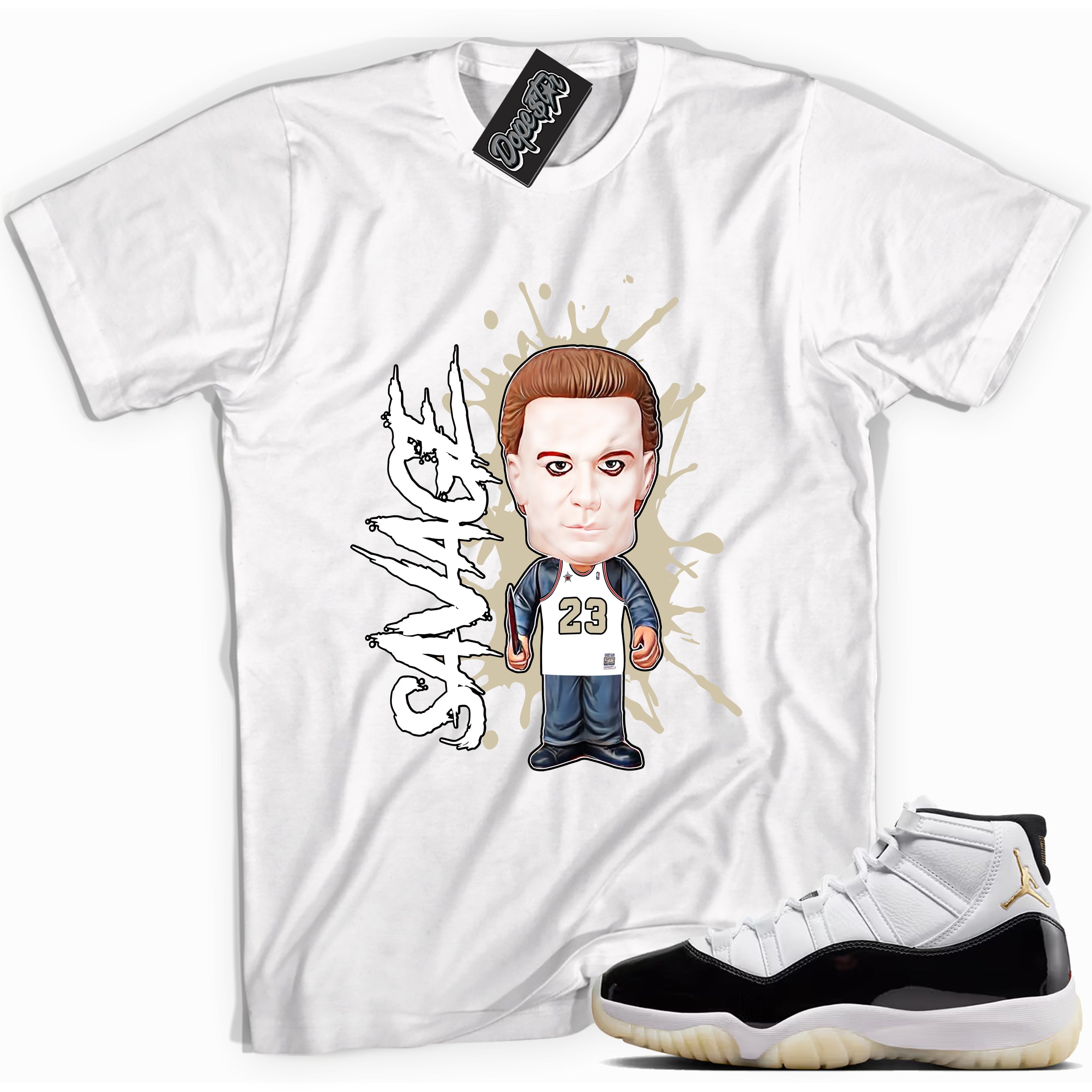 Cool White graphic tee with “ Savage ” print, that perfectly matches AIR JORDAN 11 GRATITUDE   sneakers 
