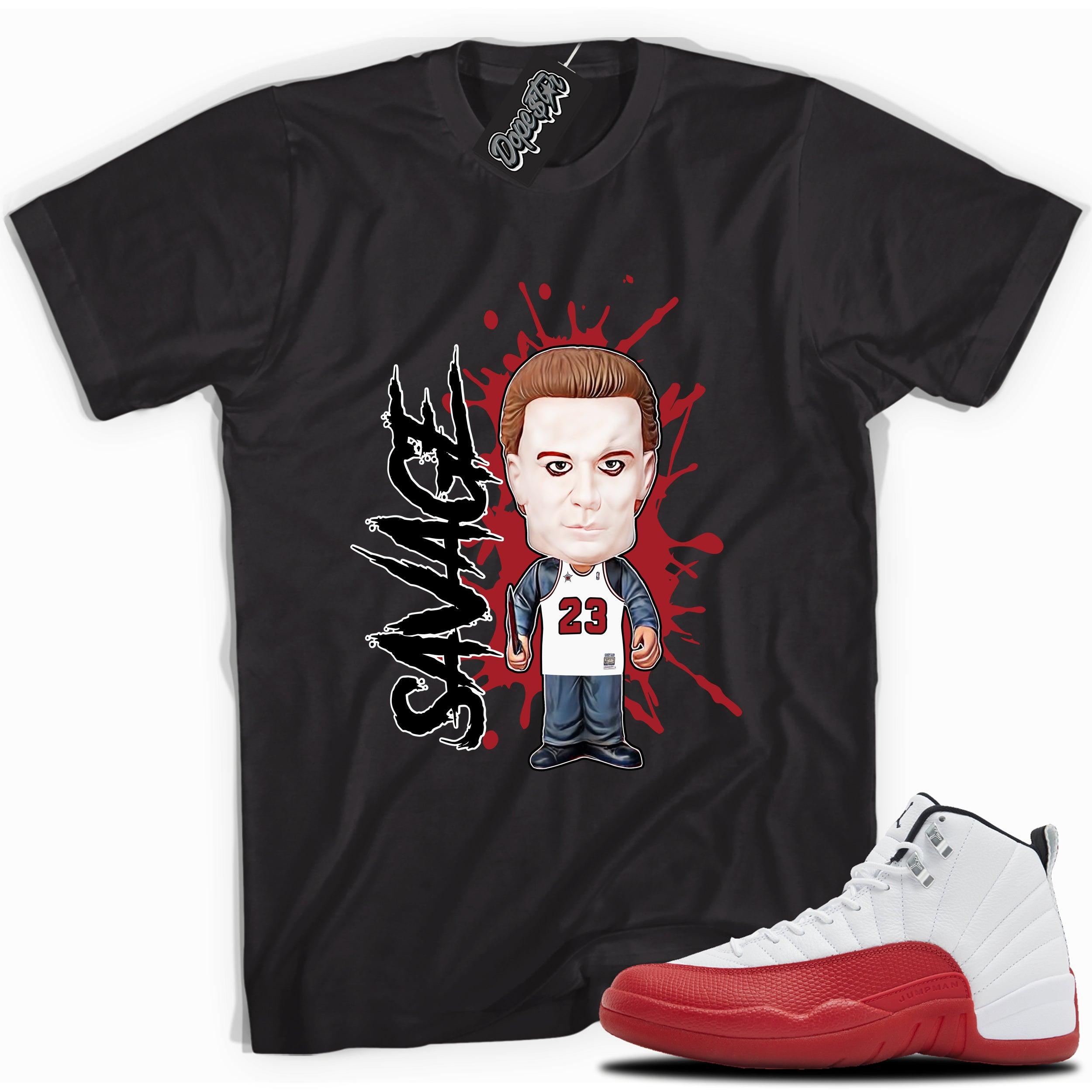 Cool Black graphic tee with “ Michael Myers Savage ” print, that perfectly matches Air Jordan 12 Retro Cherry Red 2023 red and white sneakers 