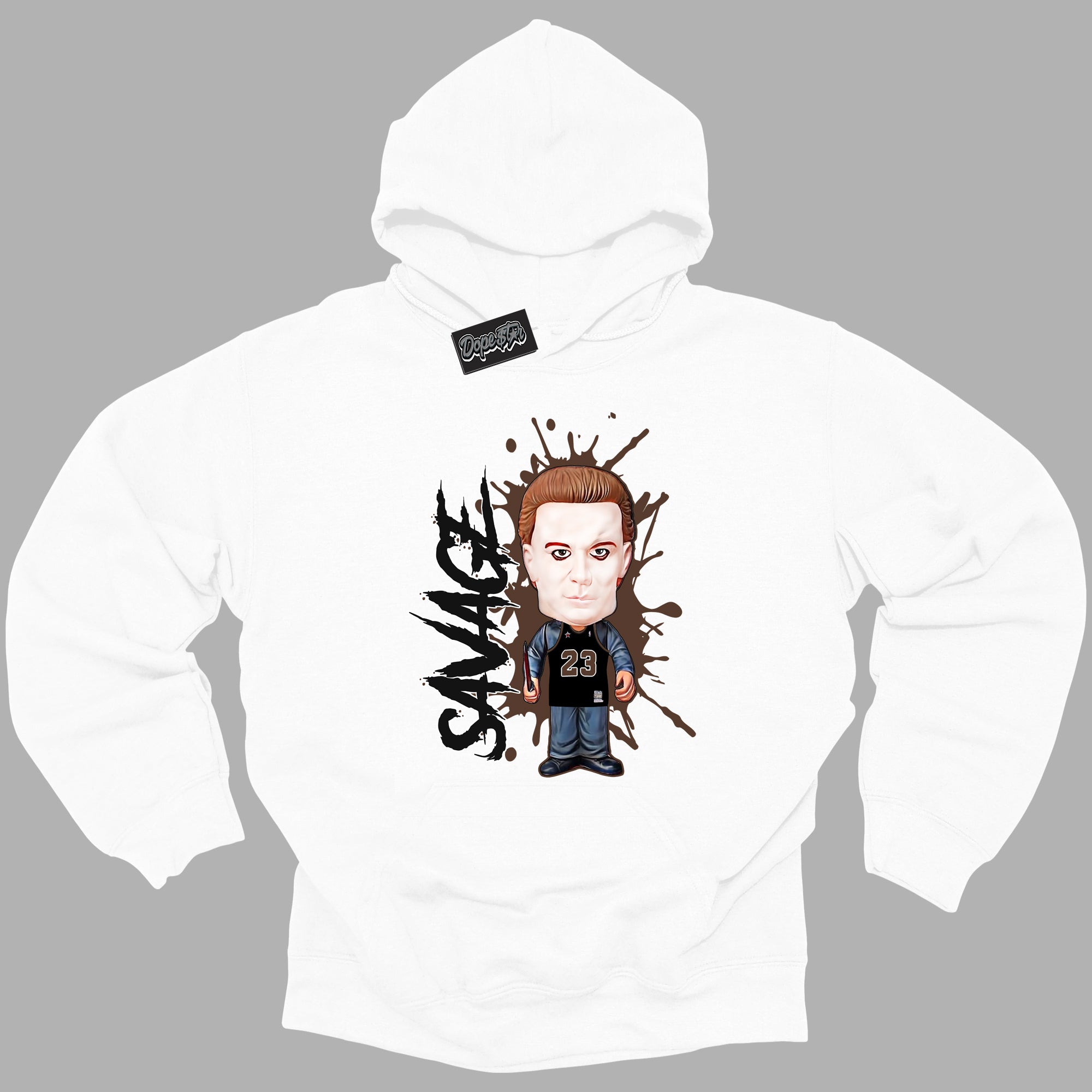 Cool White Graphic DopeStar Hoodie with “ Michael Myers Savage “ print, that perfectly matches Palomino 1s sneakers