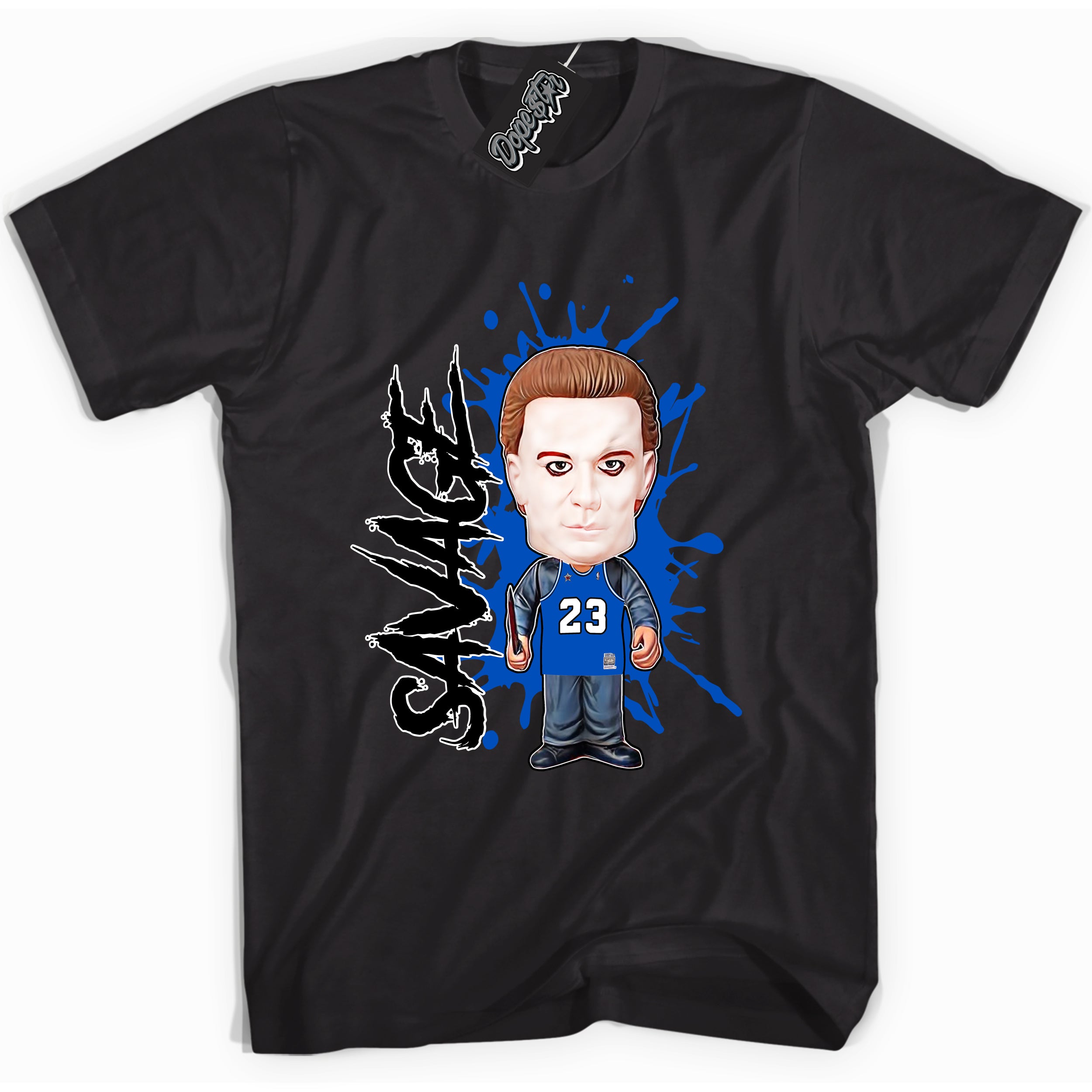 Cool Black graphic tee with Michael Myers Savage print, that perfectly matches OG Royal Reimagined 1s sneakers 