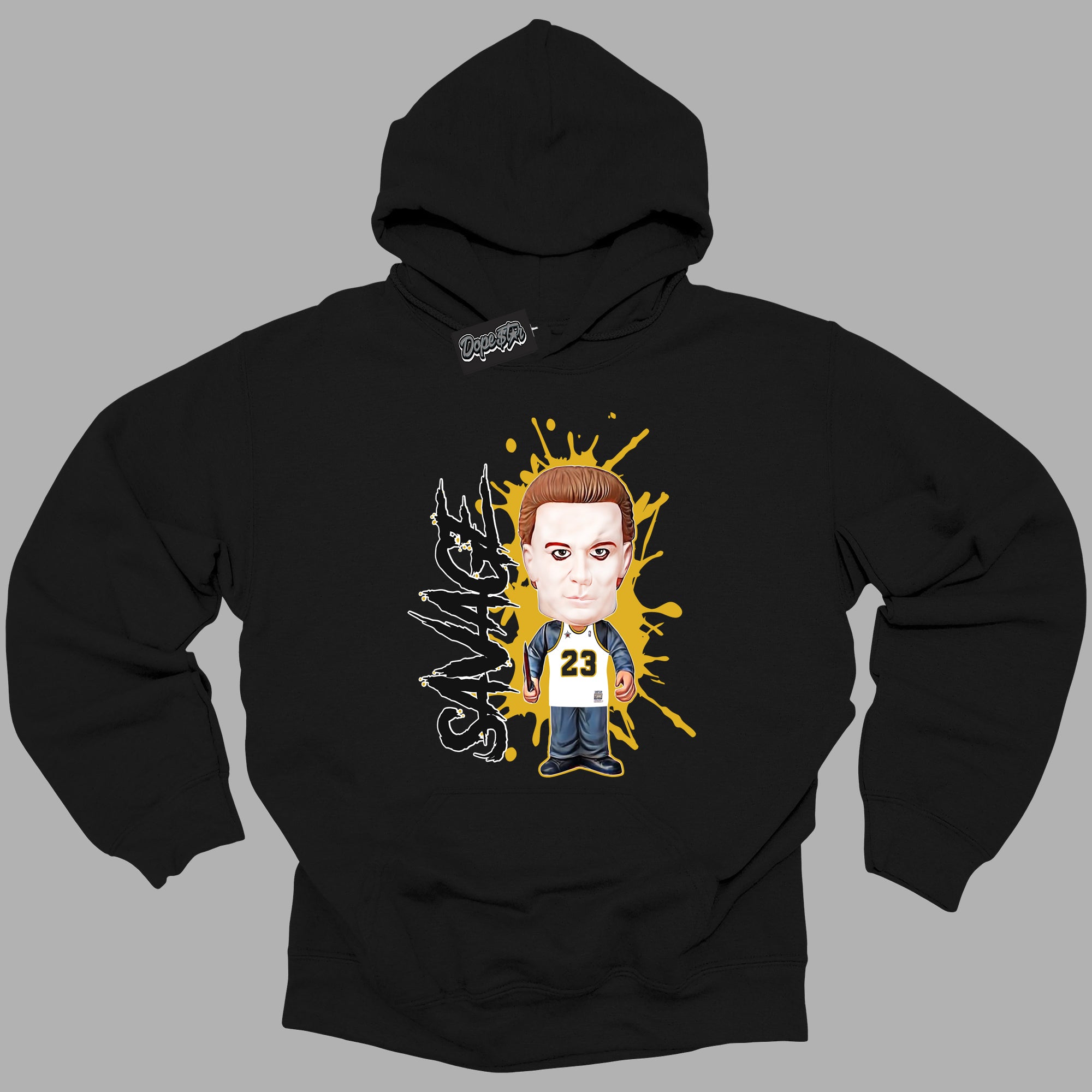 Cool Black Hoodie with “ Michael Myers Savage ”  design that Perfectly Matches Yellow Ochre 6s Sneakers.