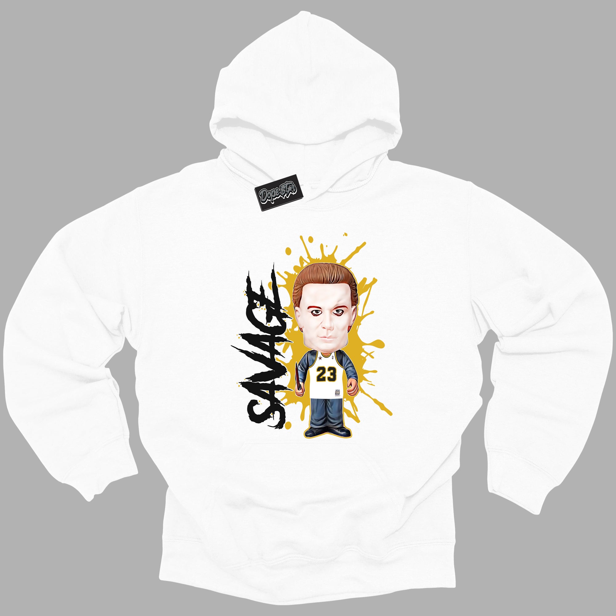 Cool White Hoodie with “ Michael Myers Savage ”  design that Perfectly Matches Yellow Ochre 6s Sneakers.