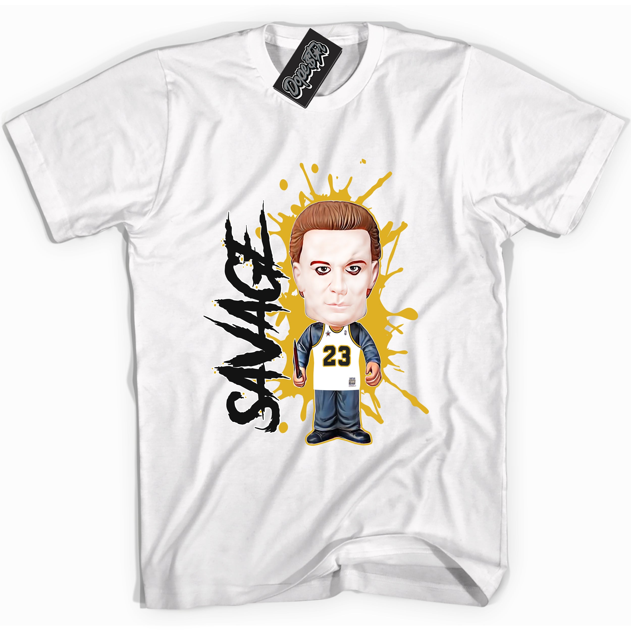 Cool White Shirt with “ Michael Myers Savage” design that perfectly matches Yellow Ochre 6s Sneakers.