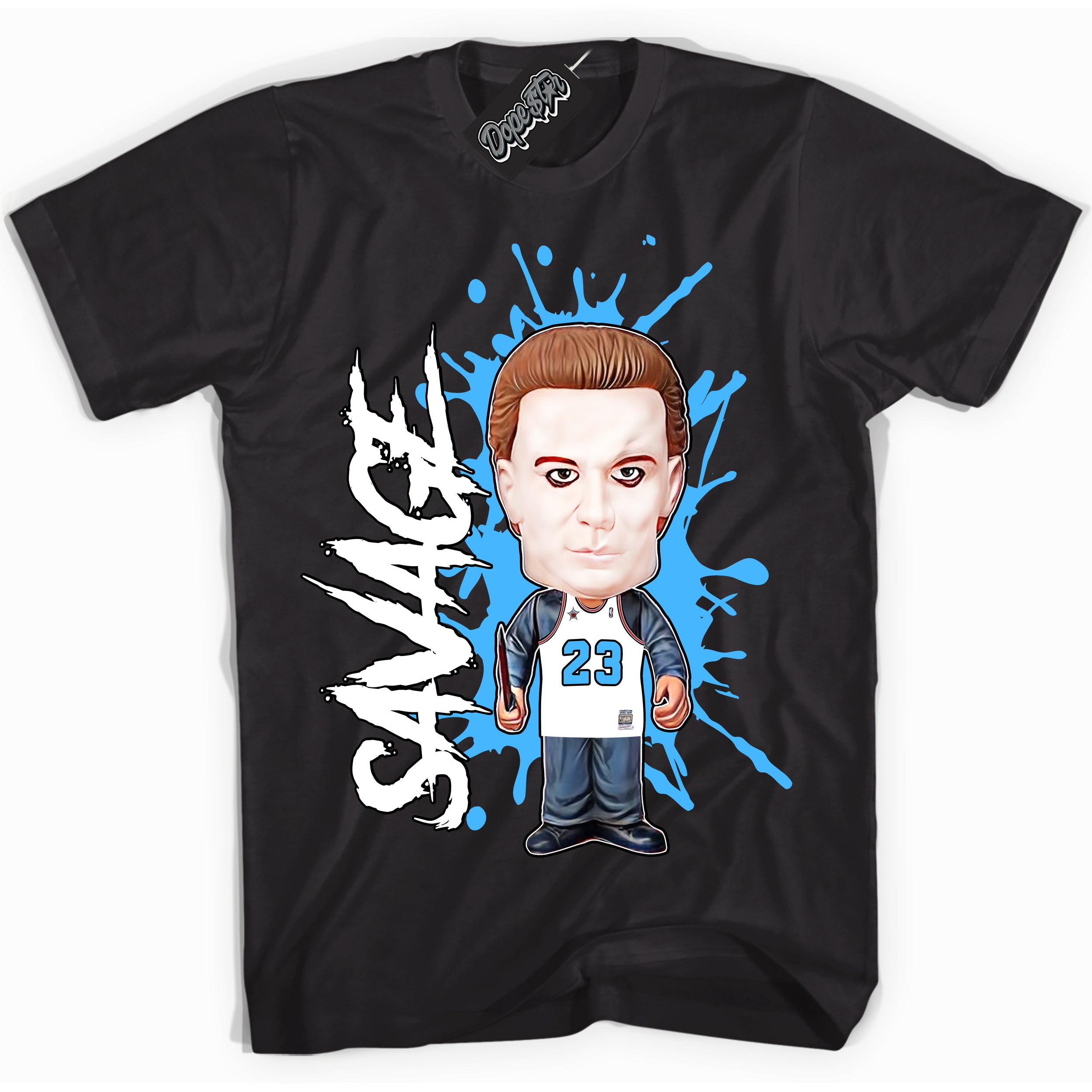 Cool Black graphic tee with “ Michael Myers Savage ” design, that perfectly matches Powder Blue 9s sneakers 