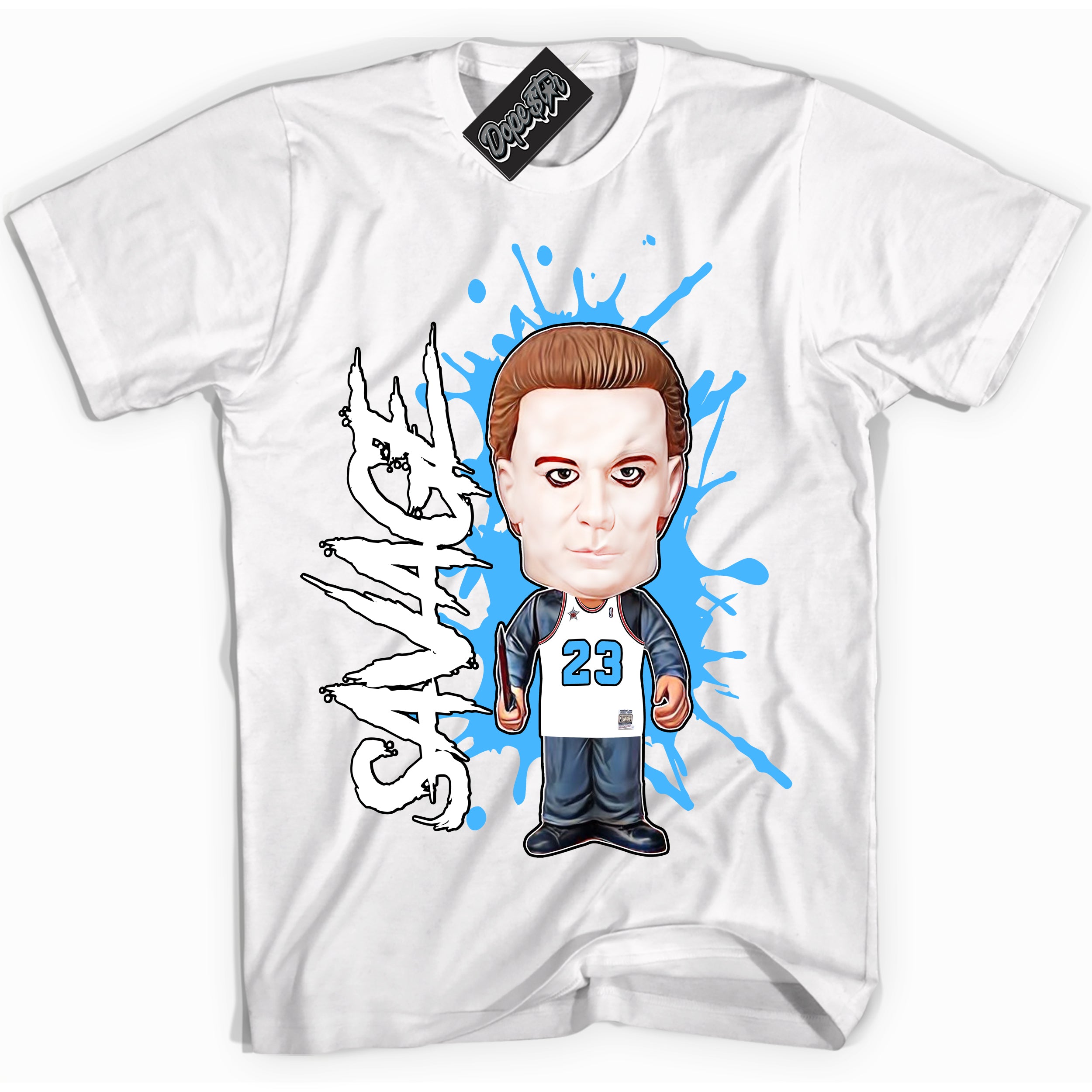 Cool White graphic tee with “ Michael Myers Savage ” design, that perfectly matches Powder Blue 9s sneakers 
