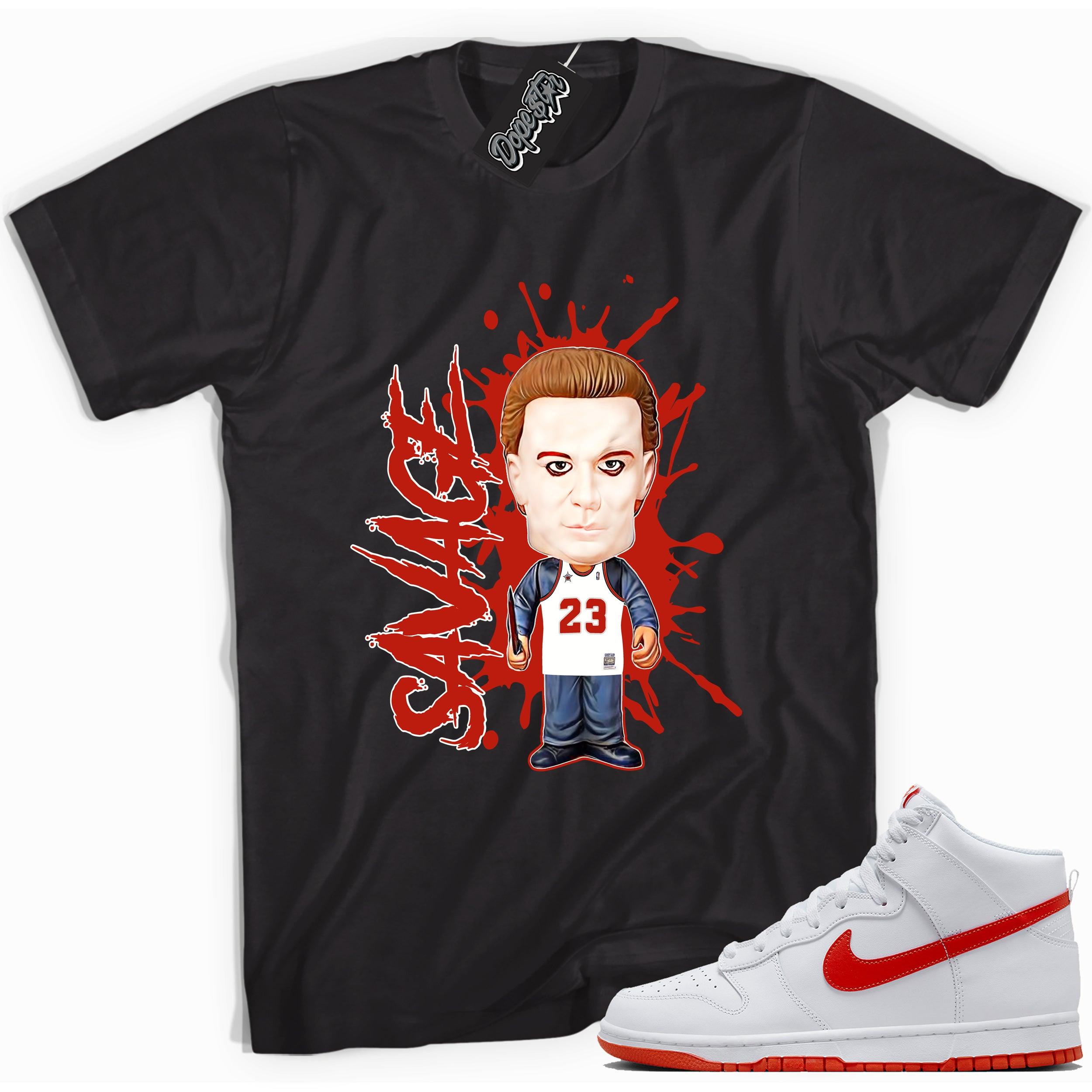 Cool black graphic tee with 'savage' print, that perfectly matches Nike Dunk High White Picante Red sneakers.