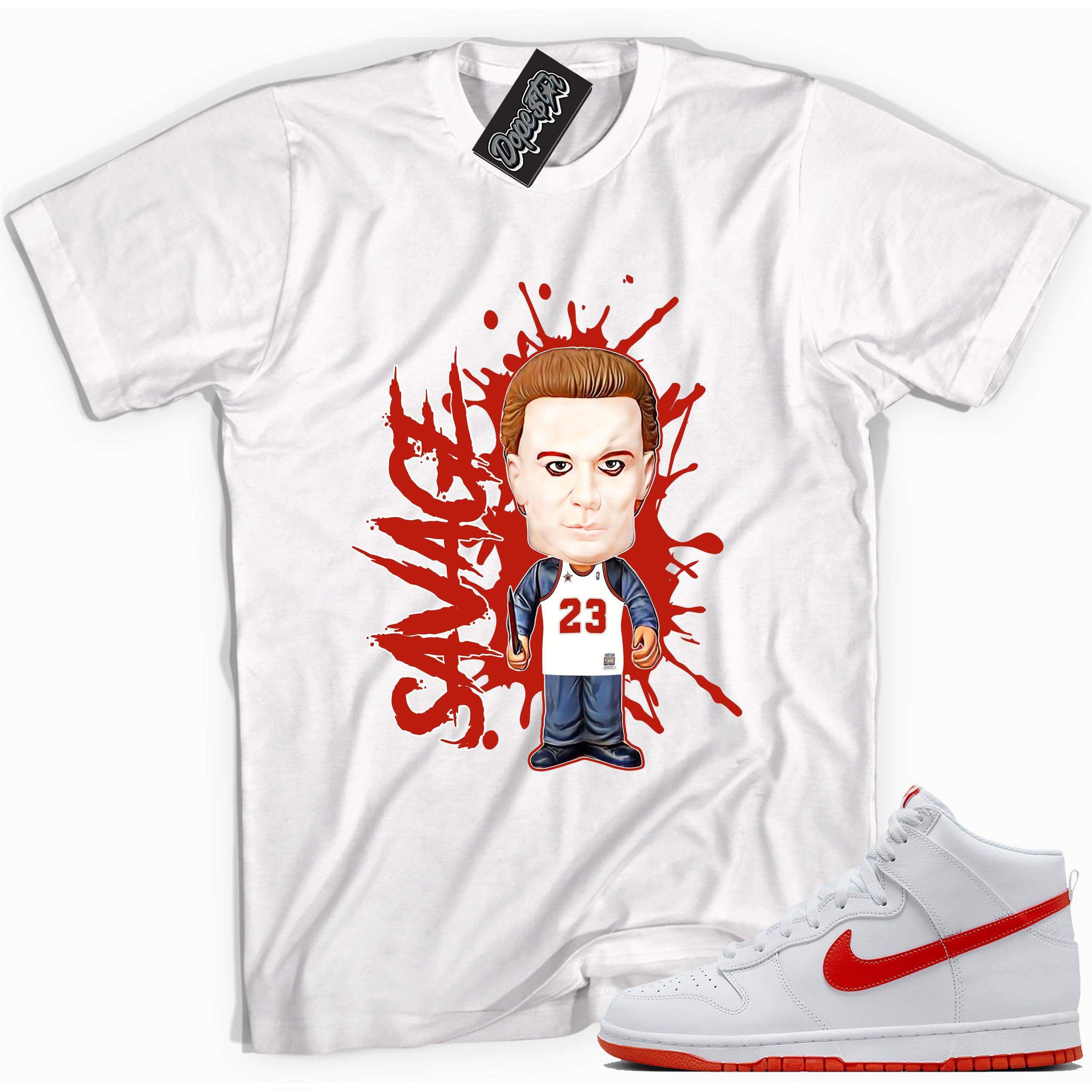 Cool white graphic tee with 'savage' print, that perfectly matches Nike Dunk High White Picante Red sneakers.