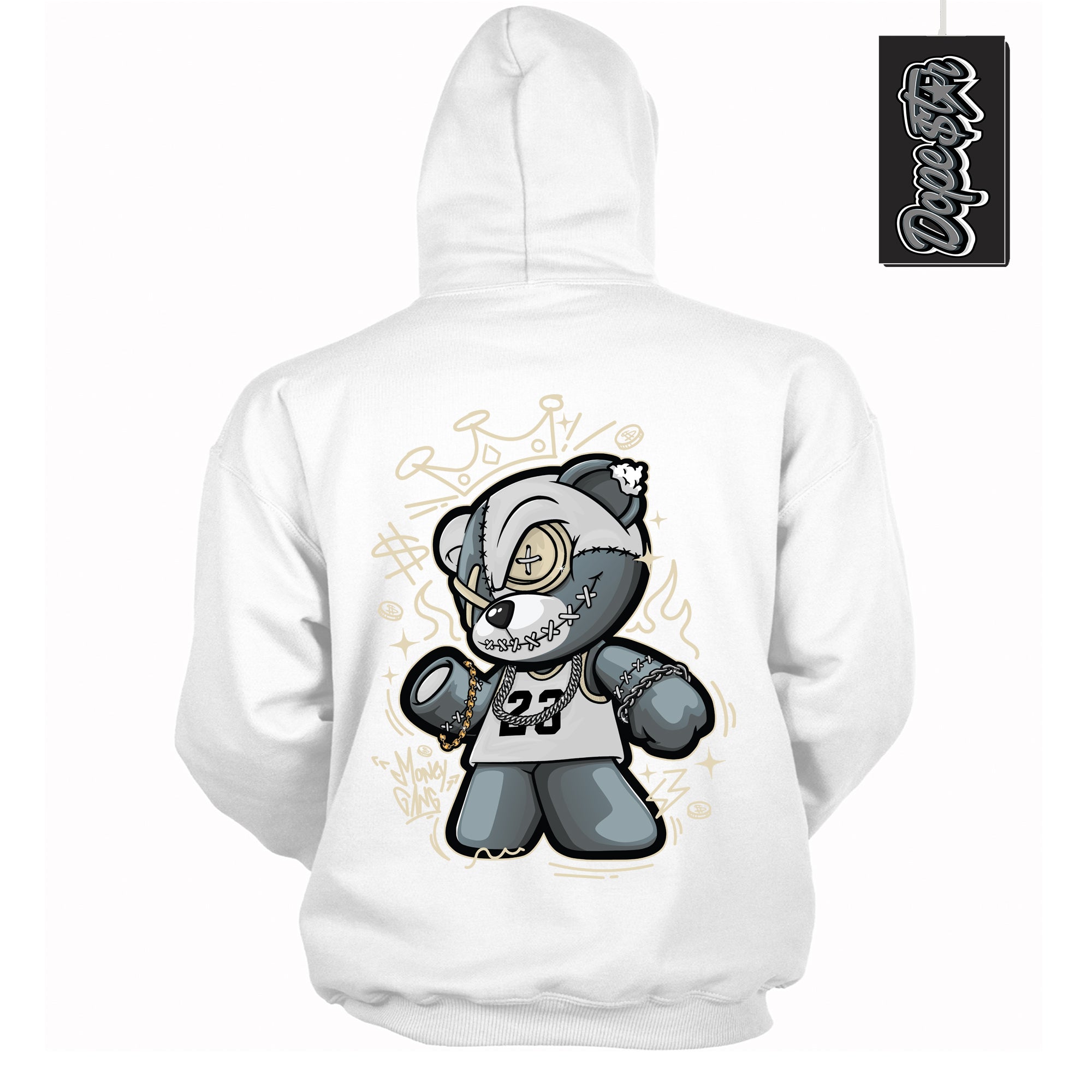 Cool White Hoodie with “ Money Gang Bear ”  design that Perfectly Matches Gratitude 11s Sneakers.