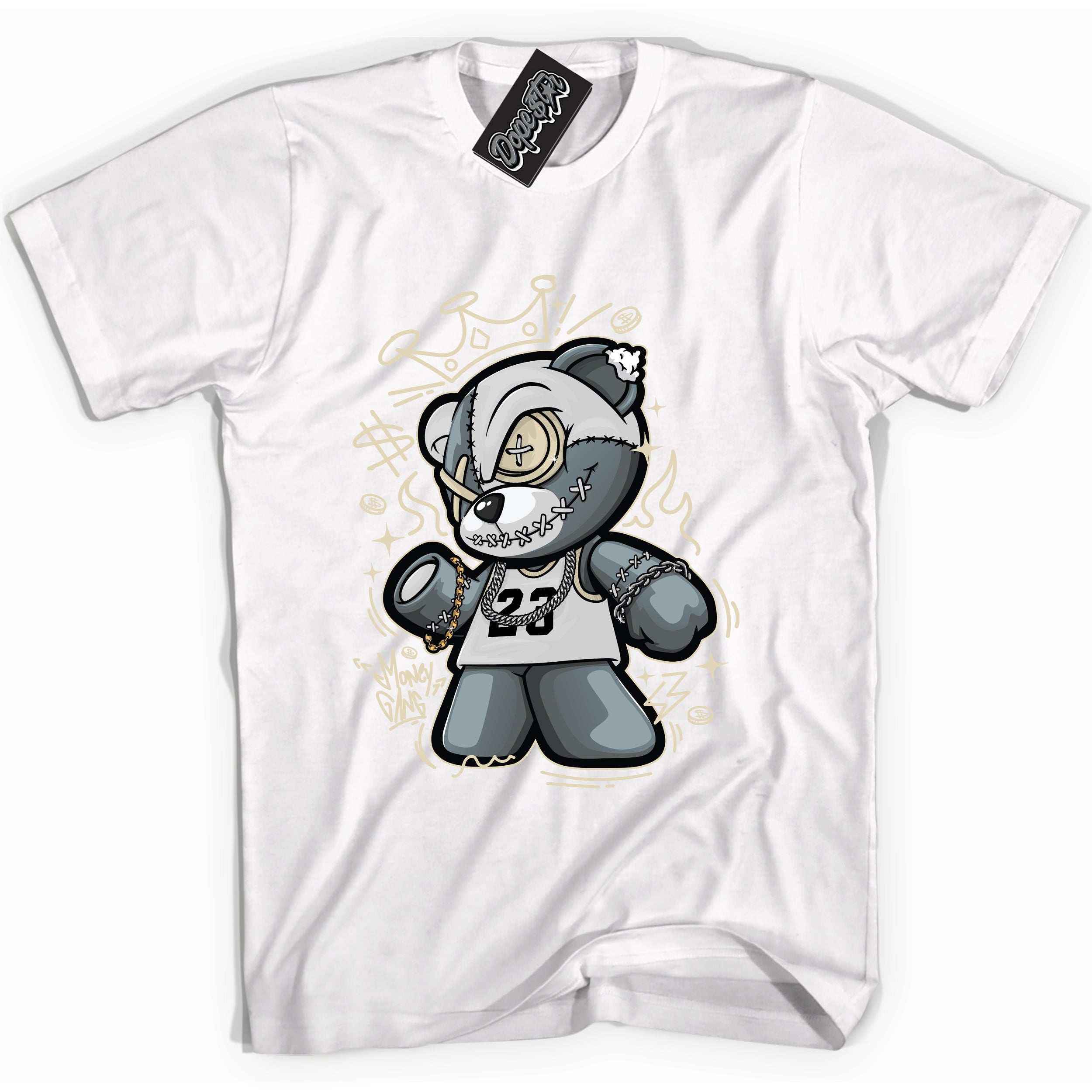 Cool White Shirt with “ Money Gang Bear” design that perfectly matches Gratitude 11s Sneakers.