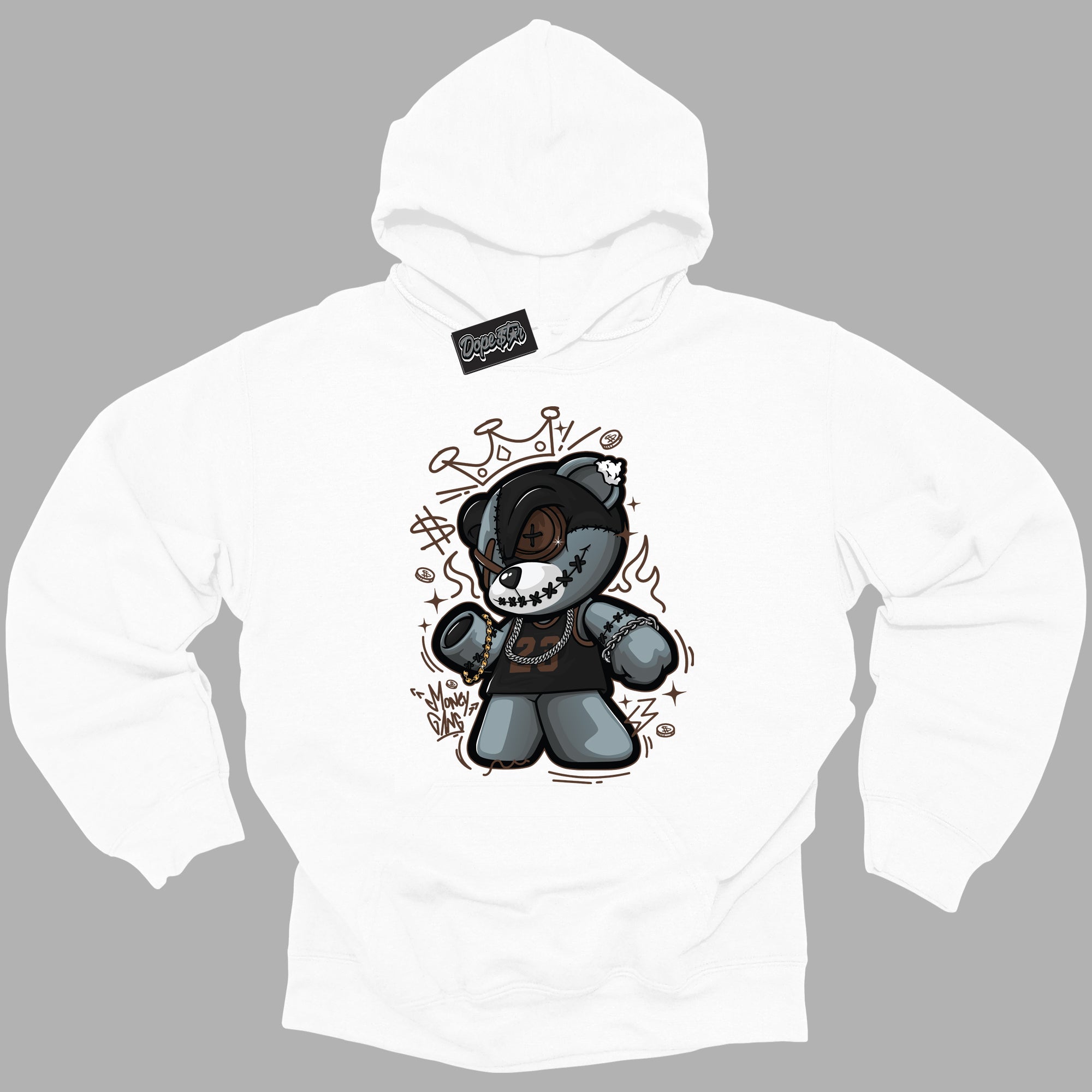 Cool White Graphic DopeStar Hoodie with “ Money Gang Bear “ print, that perfectly matches Palomino 1s sneakers