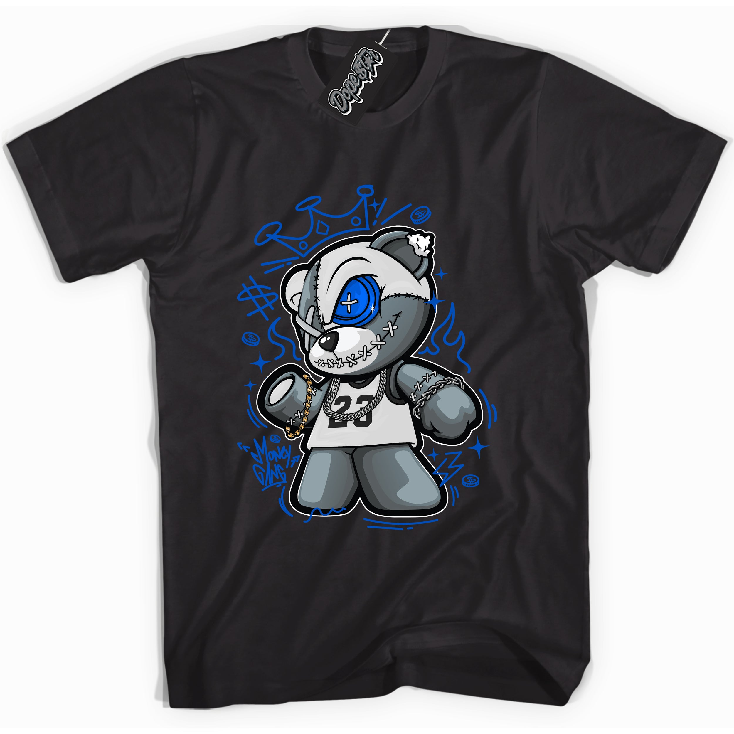 Cool Black graphic tee with "Money Gang Bear" design, that perfectly matches Royal Reimagined 1s sneakers 