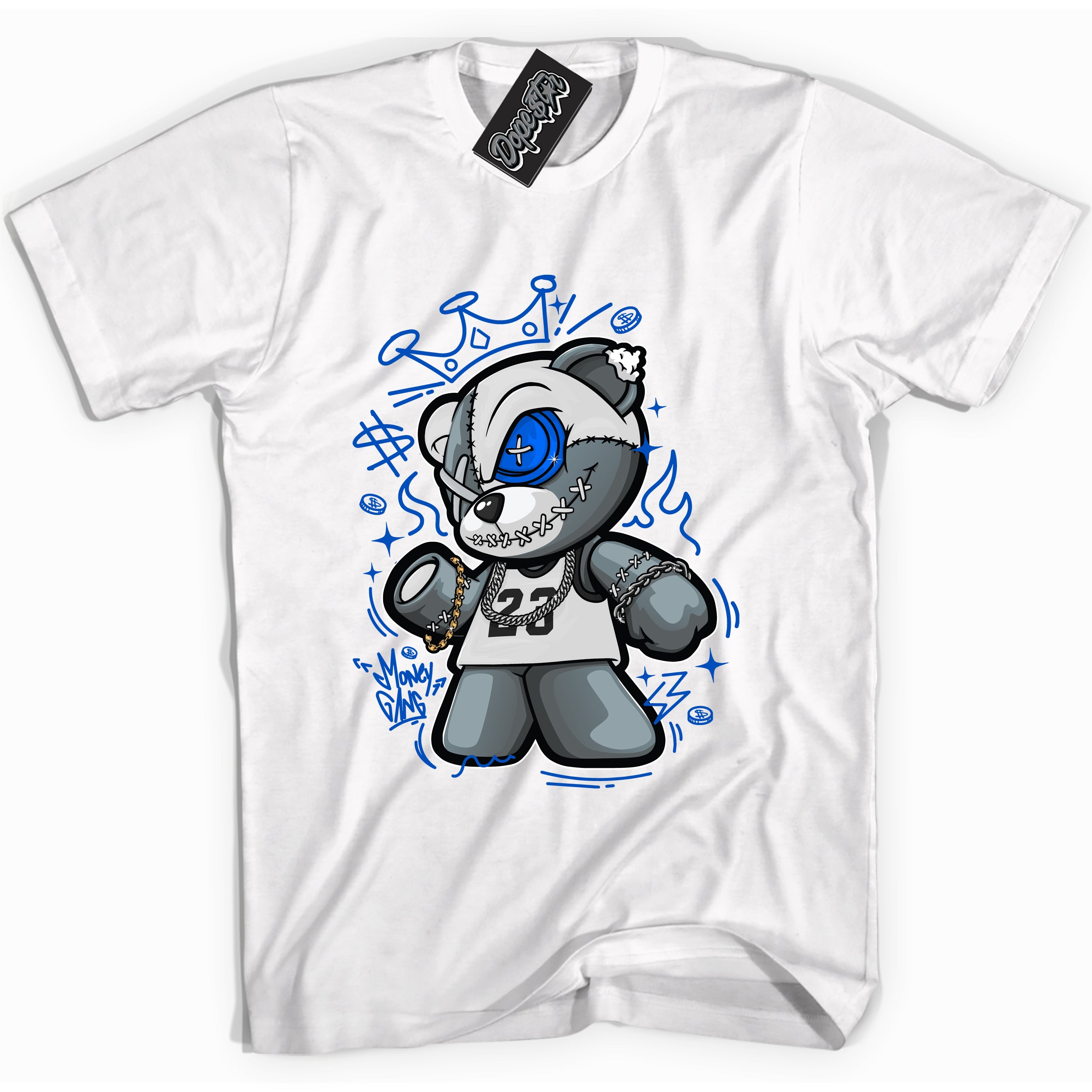 Cool White graphic tee with "Money Gang Bear" design, that perfectly matches Royal Reimagined 1s sneakers 