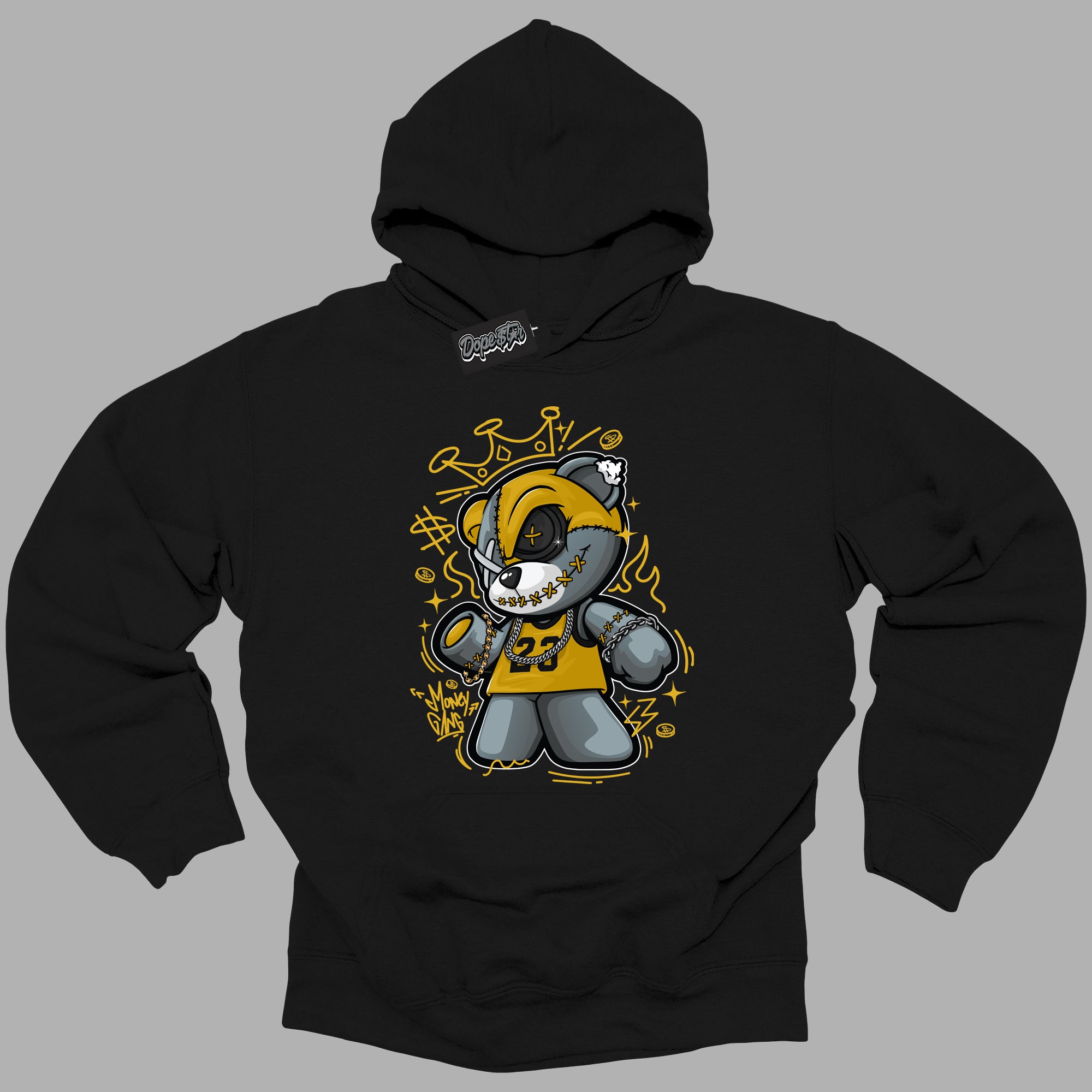 Cool Black Hoodie with “ Money Gang Bear ”  design that Perfectly Matches Yellow Ochre 6s Sneakers.