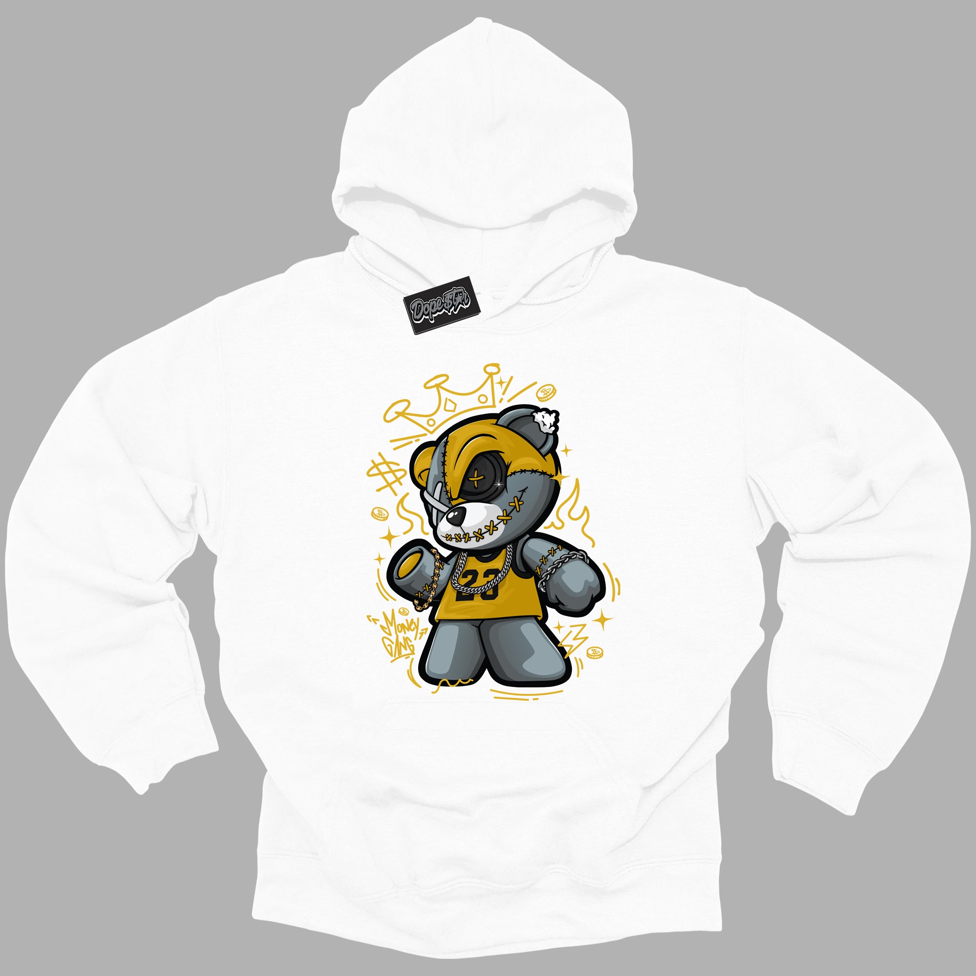 Cool White Hoodie with “ Money Gang Bear ”  design that Perfectly Matches Yellow Ochre 6s Sneakers.