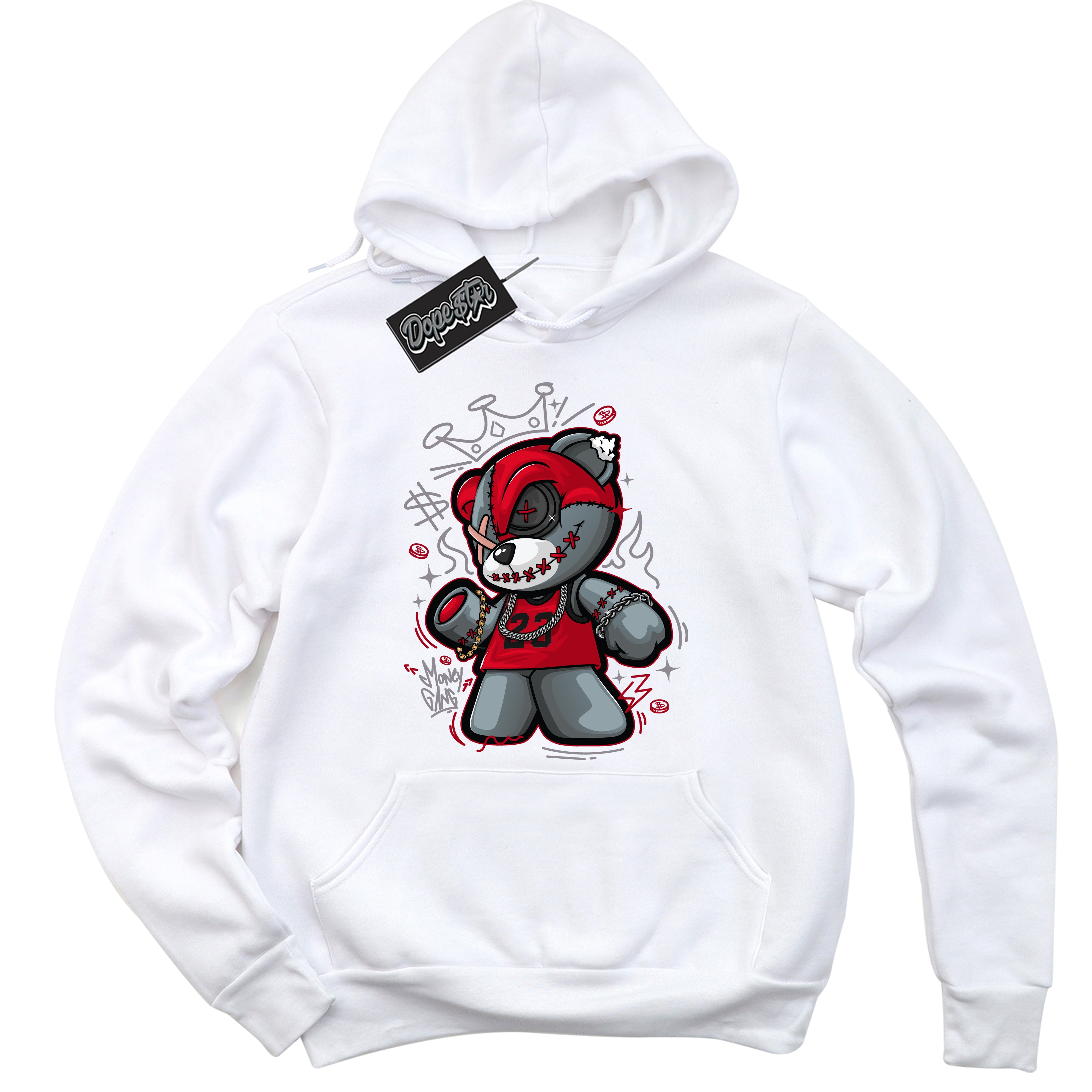 Cool White Hoodie with “ Money Gang Bear ”  design that Perfectly Matches Bred Reimagined 4s Jordans.