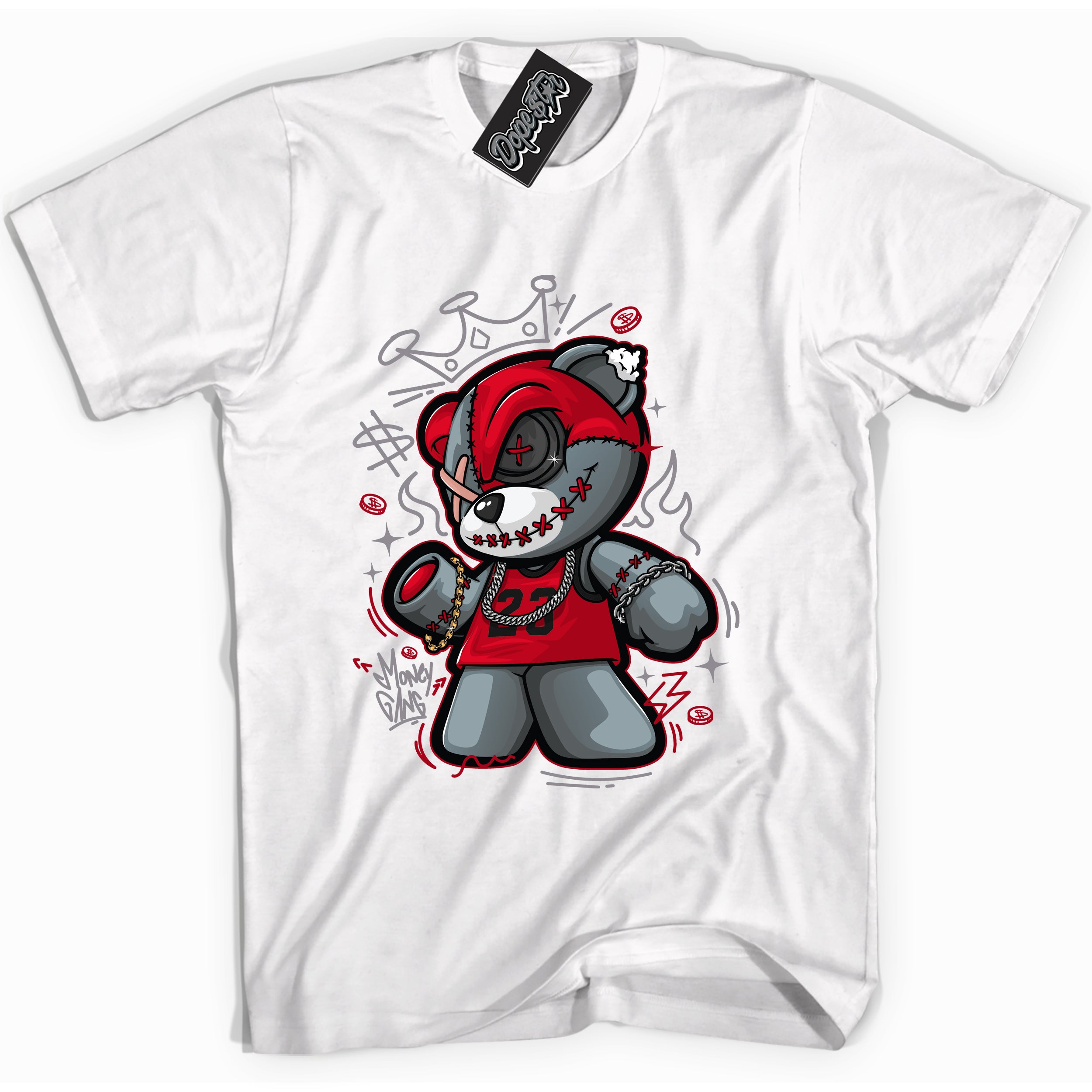 Cool White Shirt with “ Money Gang Bear” design that perfectly matches Bred Reimagined 4s Jordans.