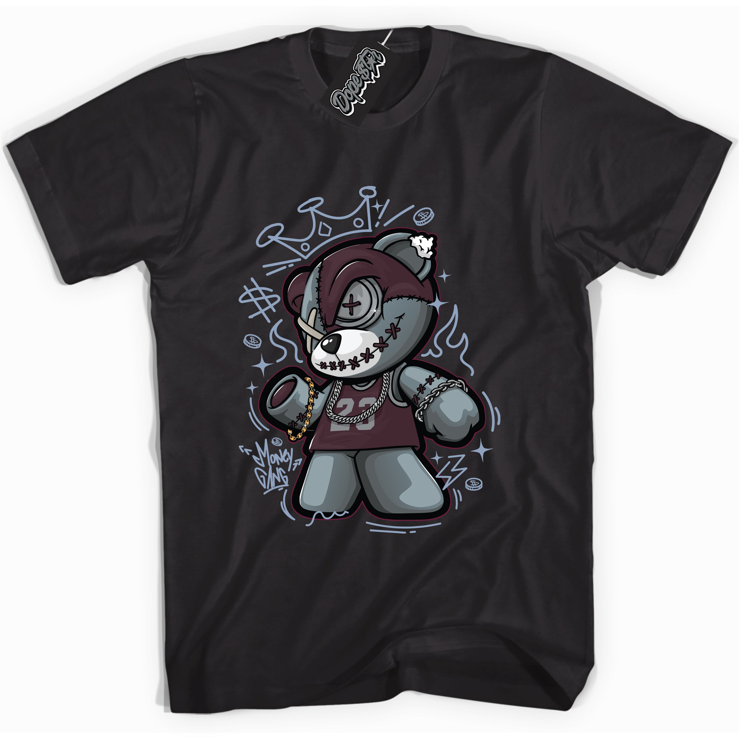 Cool Black Shirt with “ Money Gang Bear” design that perfectly matches Burgundy 5s Sneakers.