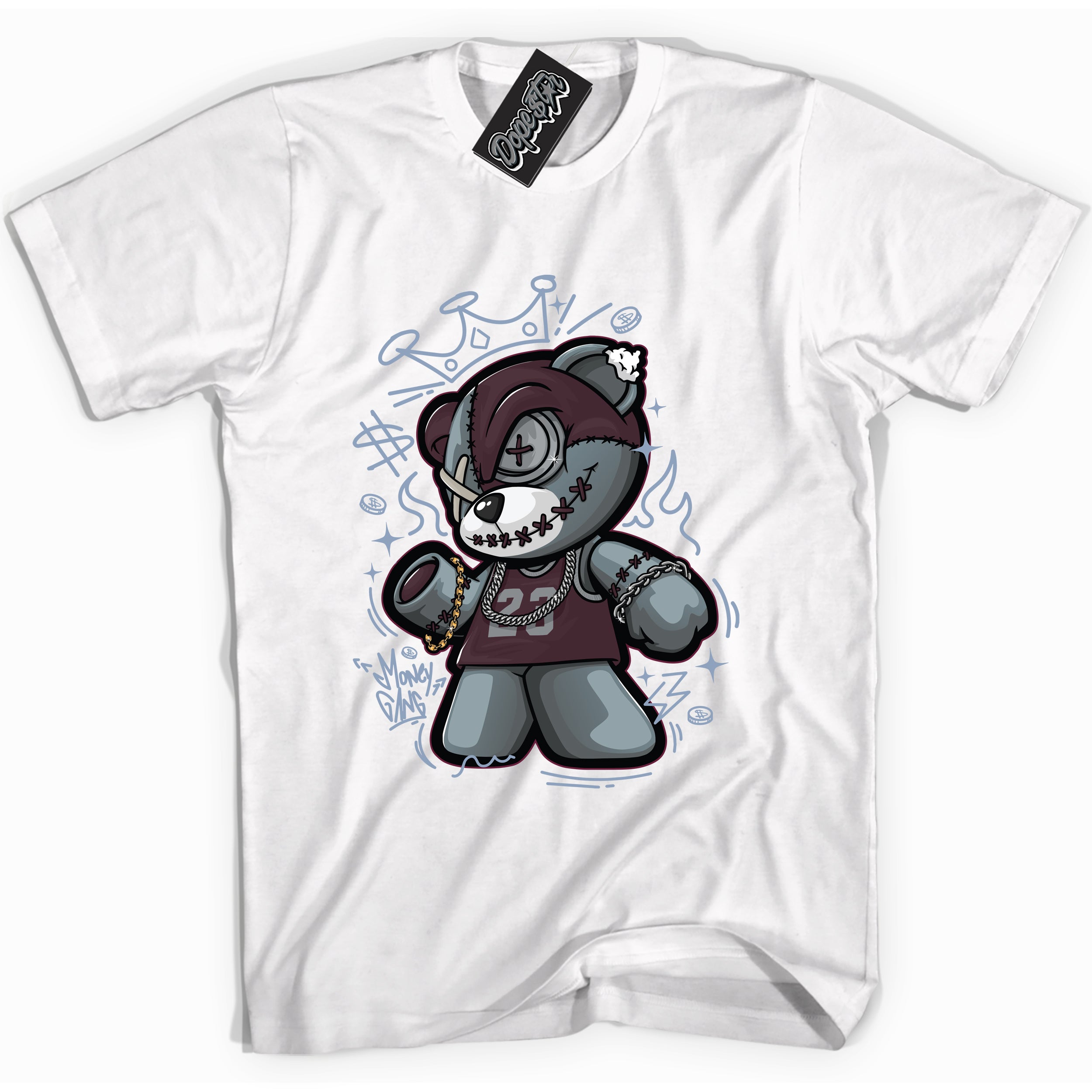 Cool White Shirt with “ Money Gang Bear” design that perfectly matches Burgundy 5s Sneakers.