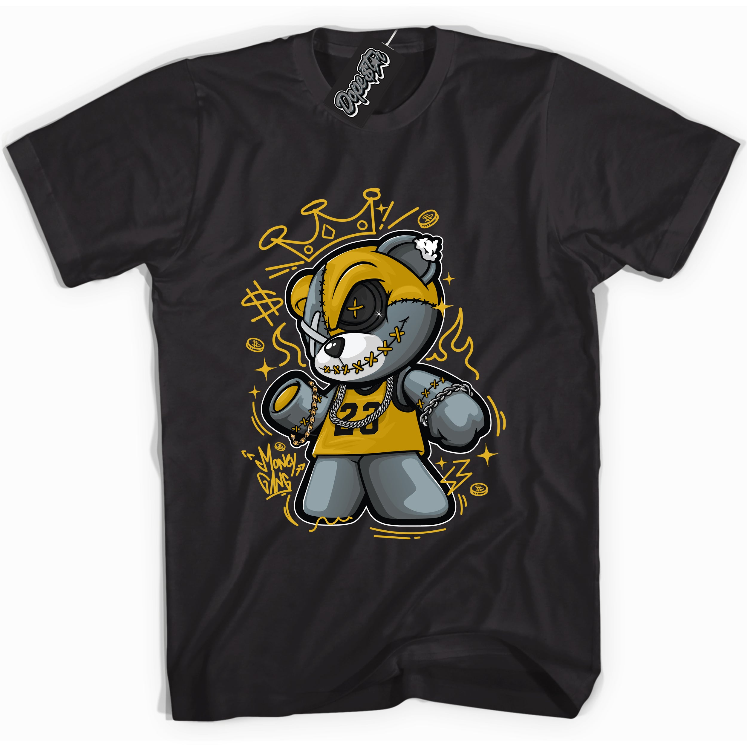 Cool Black Shirt with “ Money Gang Bear ” design that perfectly matches Yellow Ochre 6s Sneakers.