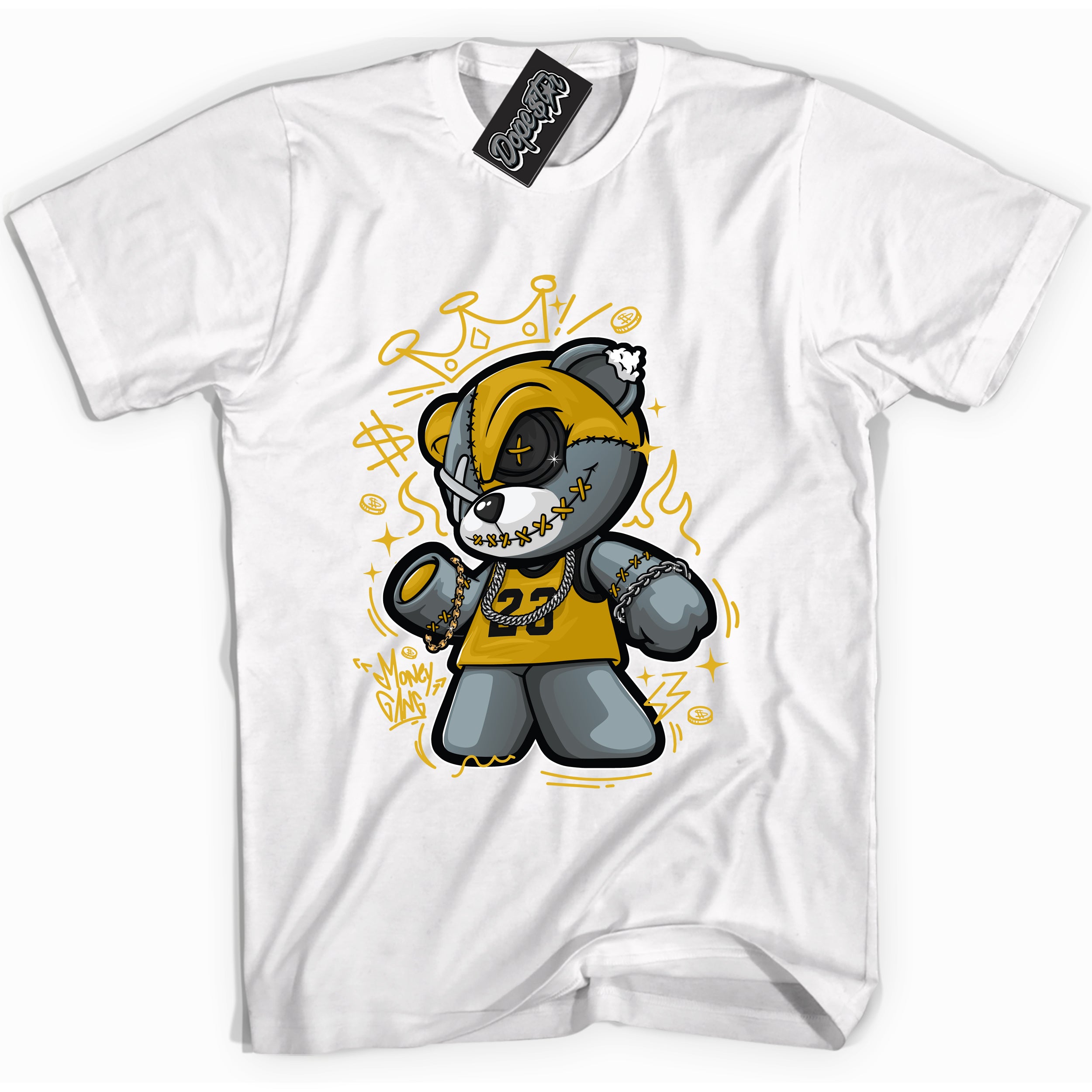 Cool White Shirt with “ Money Gang Bear” design that perfectly matches Yellow Ochre 6s Sneakers.