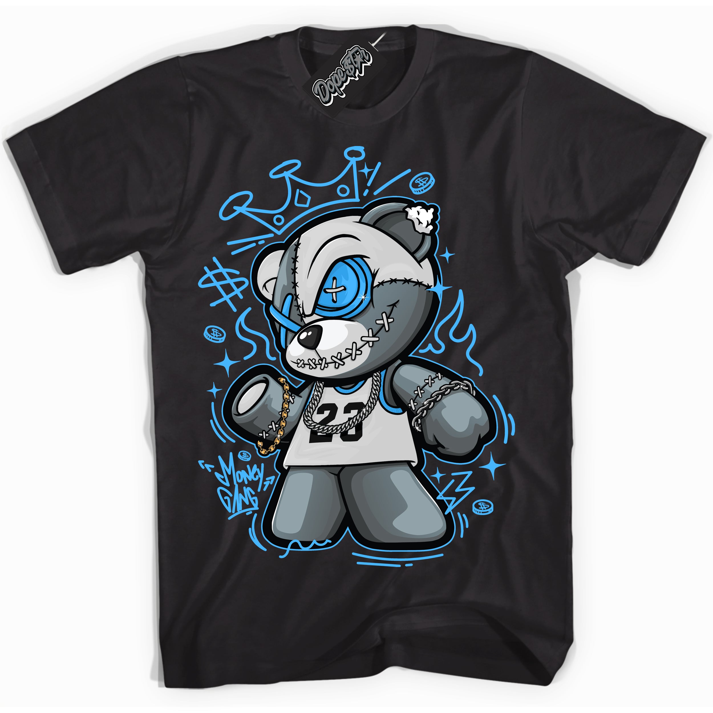 Cool Black graphic tee with “ Money Gang Bear ” design, that perfectly matches Powder Blue 9s sneakers 