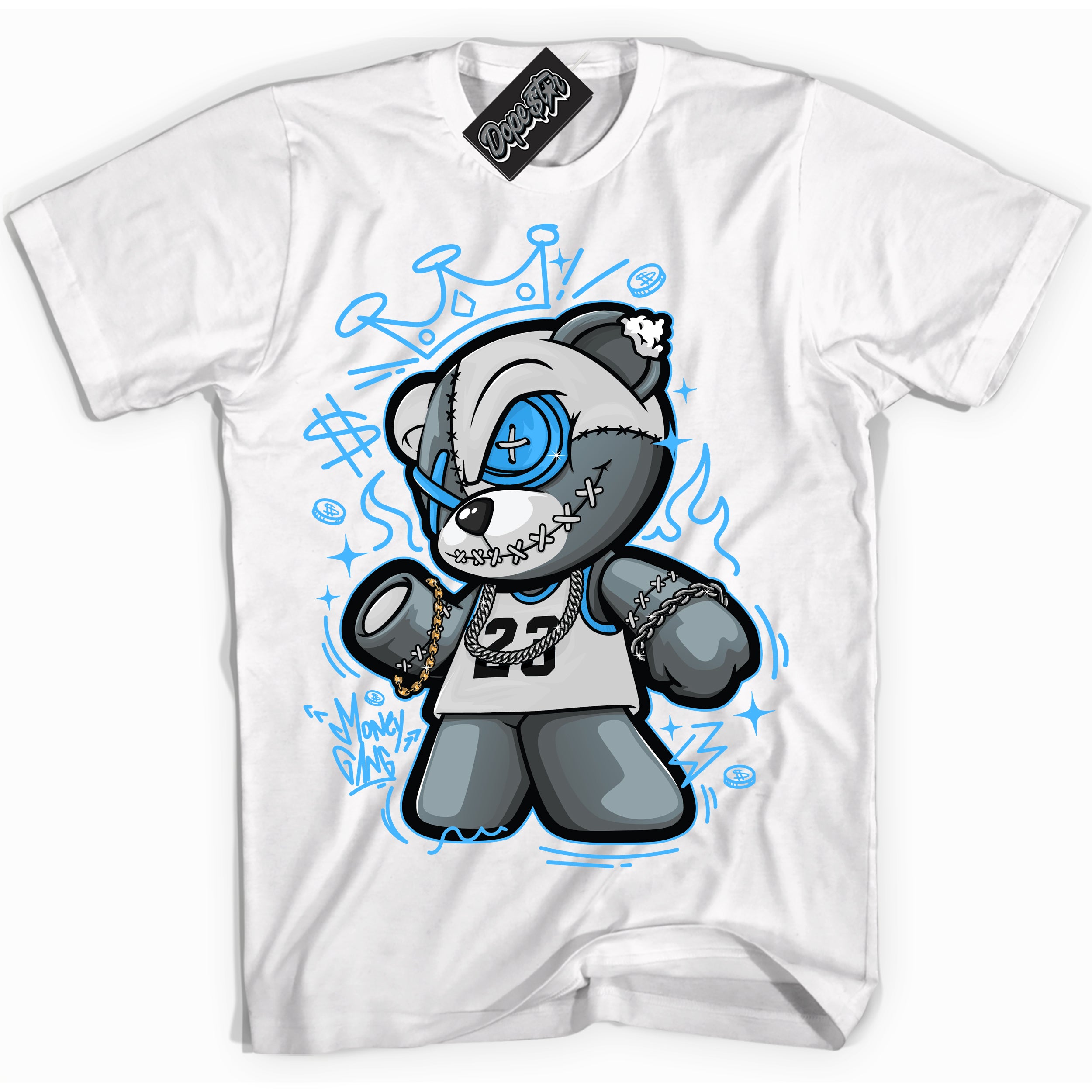 Cool White graphic tee with “ Money Gang Bear ” design, that perfectly matches Powder Blue 9s sneakers 